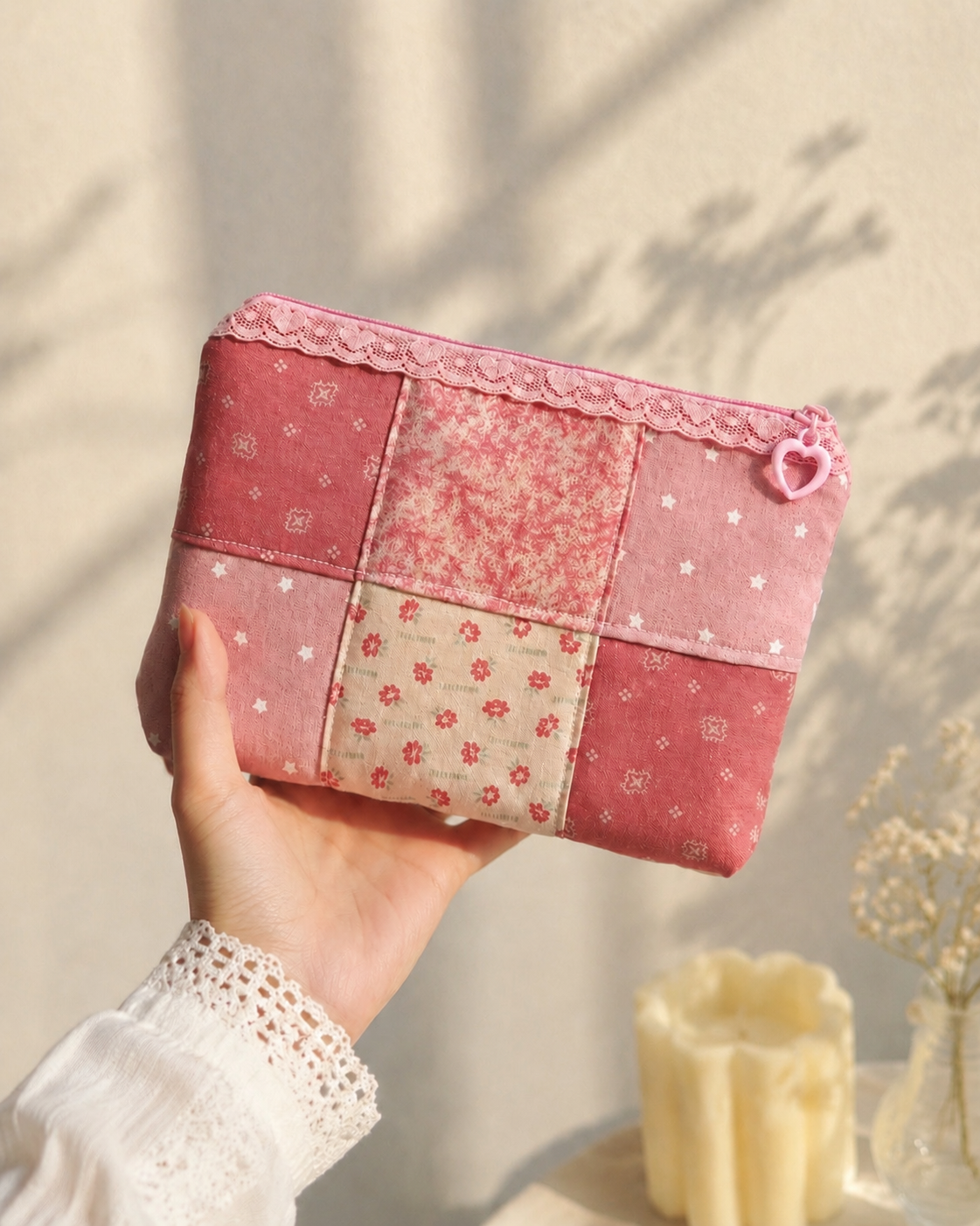 Handmade Rose Garden Handmade Patchwork Pouch with Lace Trim & Heart Zipper ｜Free shipping