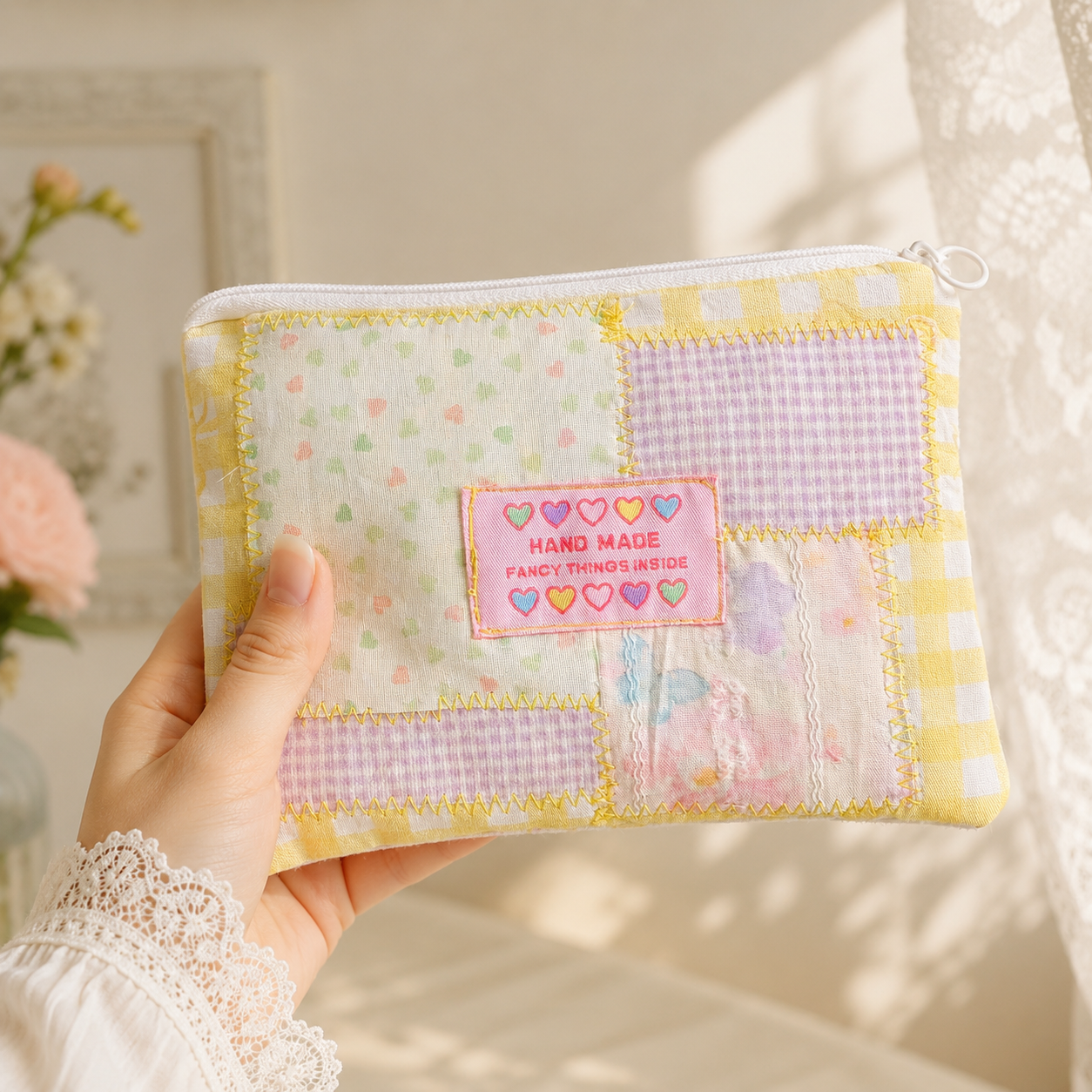 Handmade Yellow Gingham Patchwork Zipper Pouch｜Free shipping