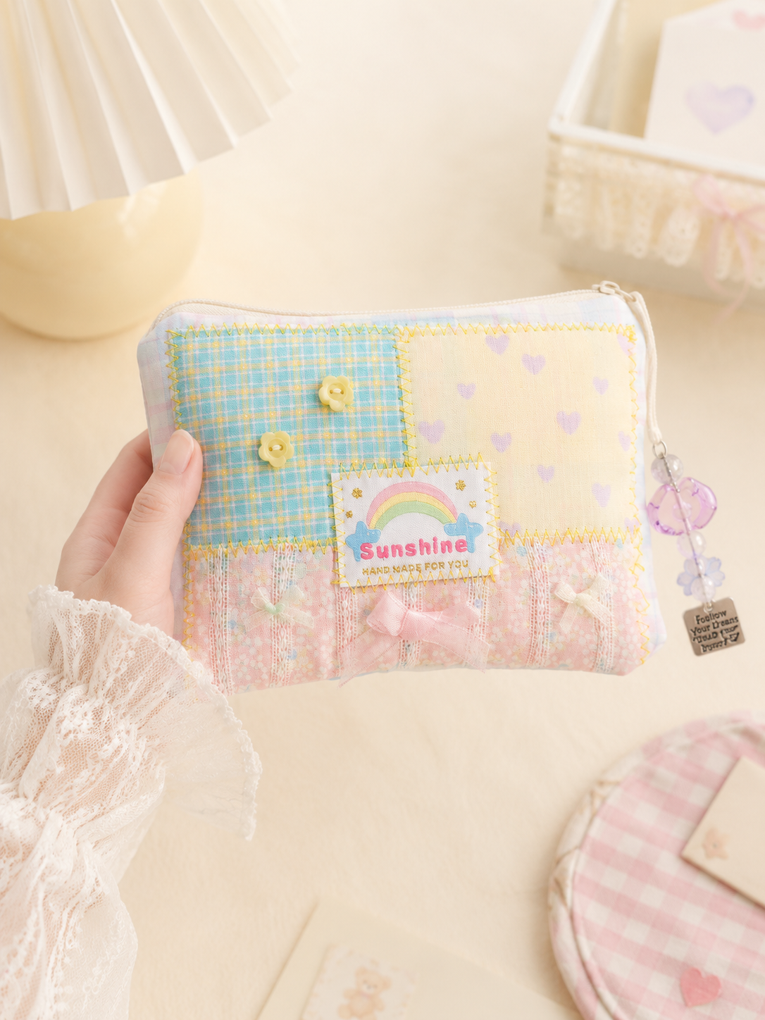 Handmade Pastel Sunshine Patchwork Zipper Pouch ｜Free shipping