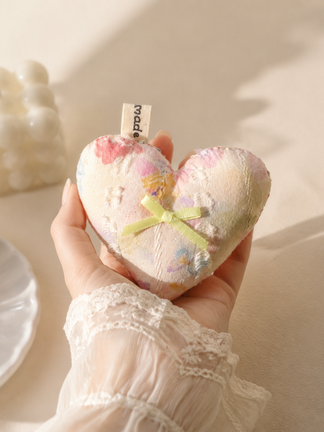 Handmade Pastel Floral Patchwork Heart Bag Charm | Free shipping