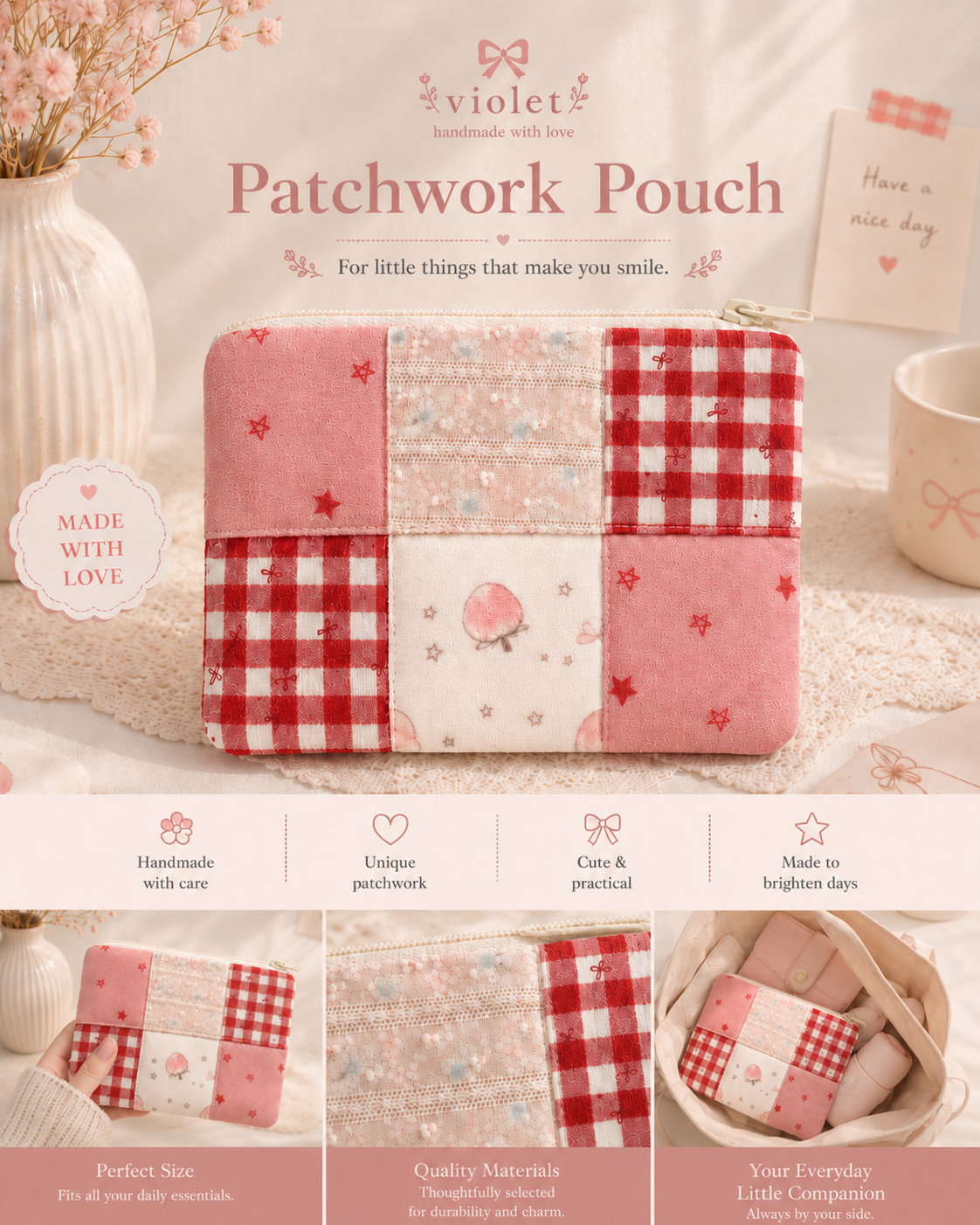 z-Strawberry Cake Handmade Patchwork Pouch#01｜Free shipping