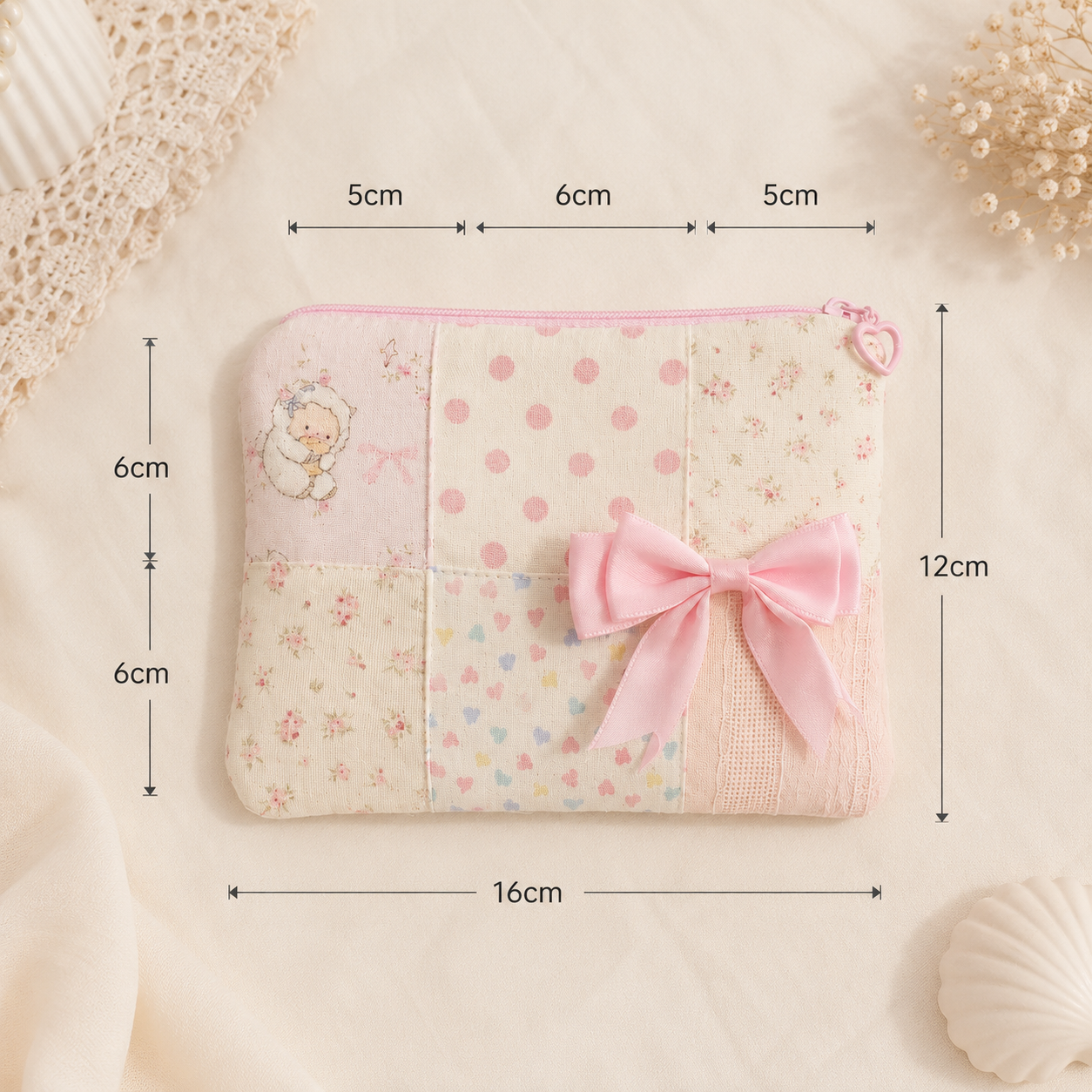Handmade Pink Bow Patchwork Zipper Pouch｜Free shipping