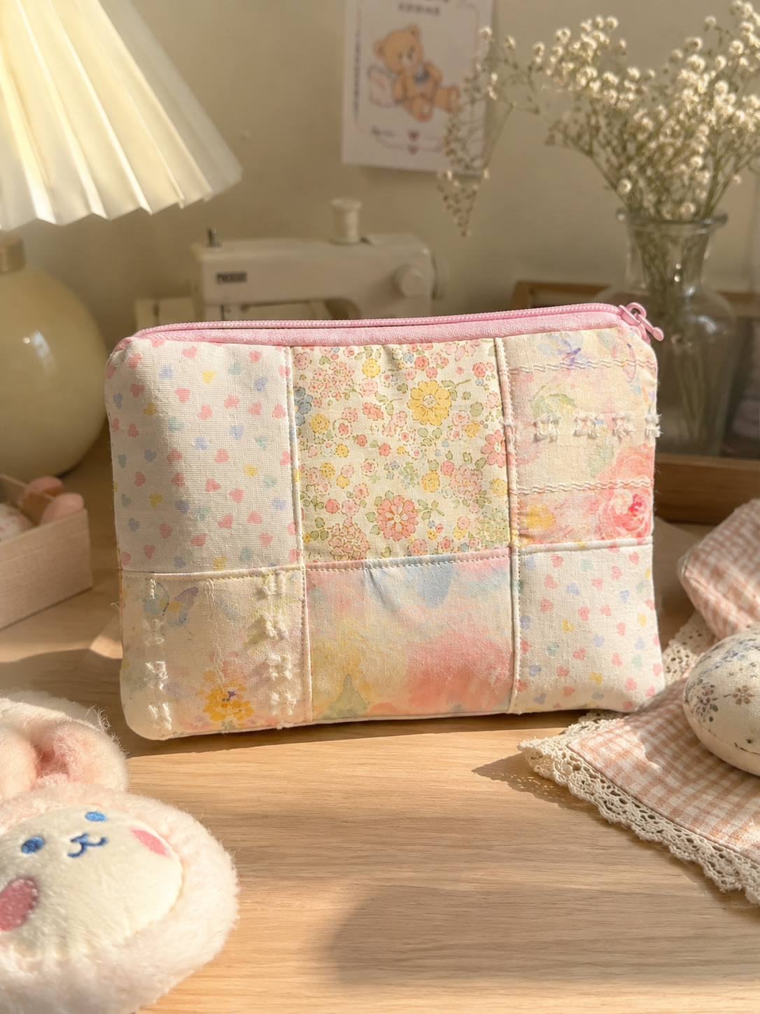 Handmade Pastel Floral Patchwork Zipper Pouch ｜Free shipping