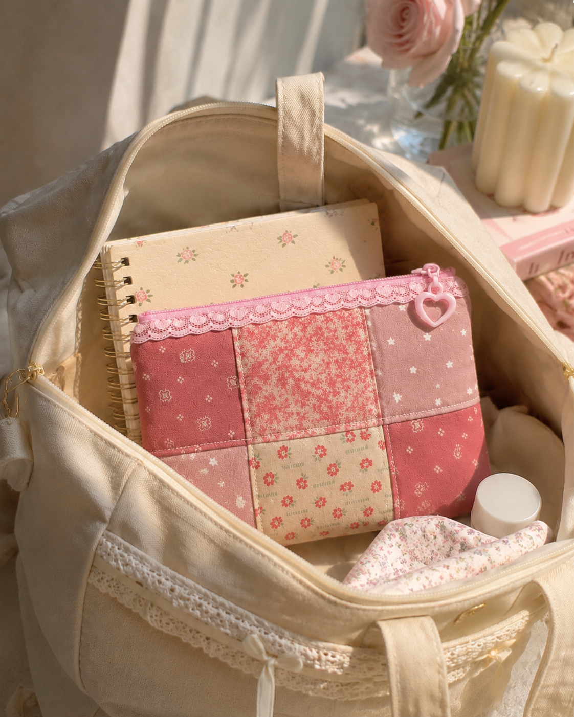 Handmade Rose Garden Handmade Patchwork Pouch with Lace Trim & Heart Zipper ｜Free shipping