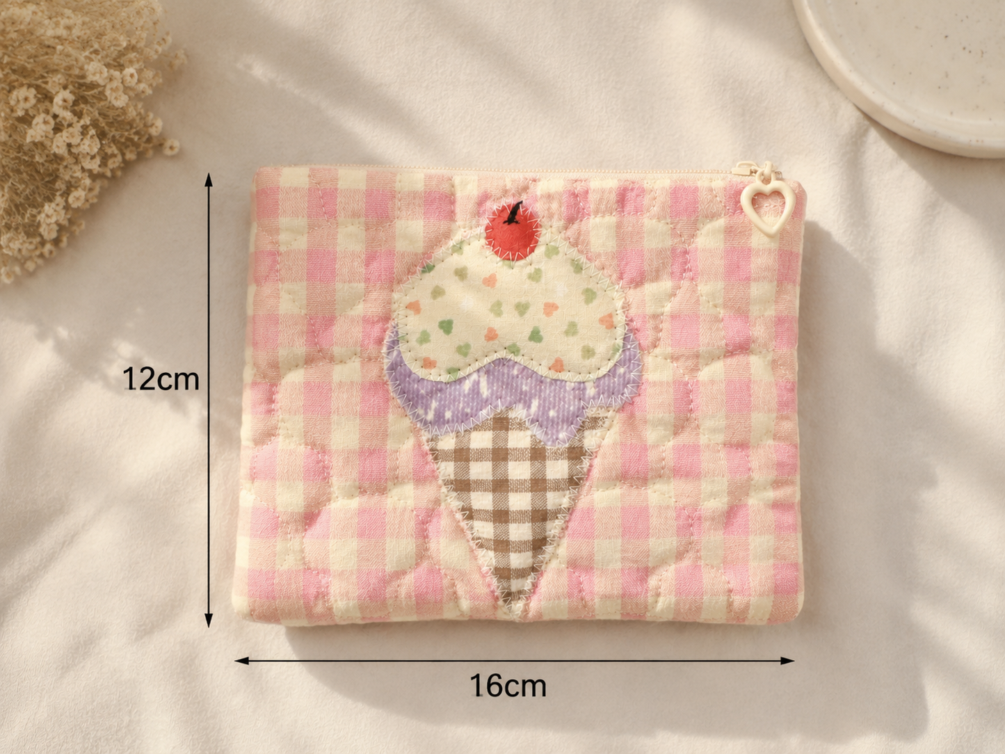 Handmade Sweet Ice Cream Gingham Quilted Zipper Pouch｜Free shipping