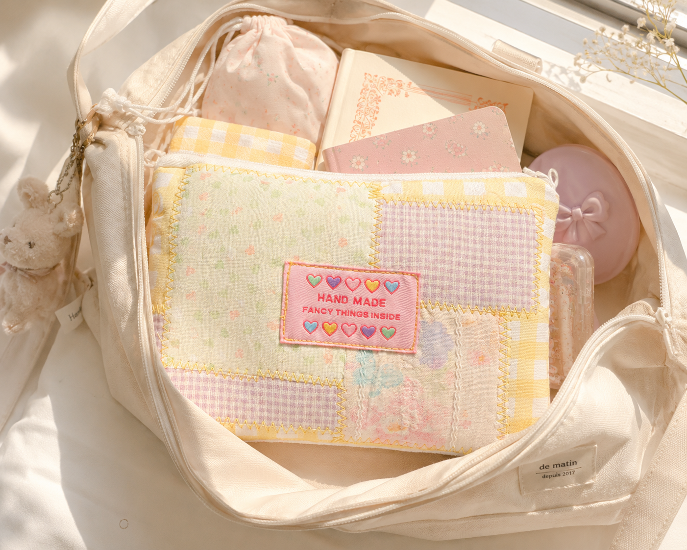 Handmade Yellow Gingham Patchwork Zipper Pouch｜Free shipping