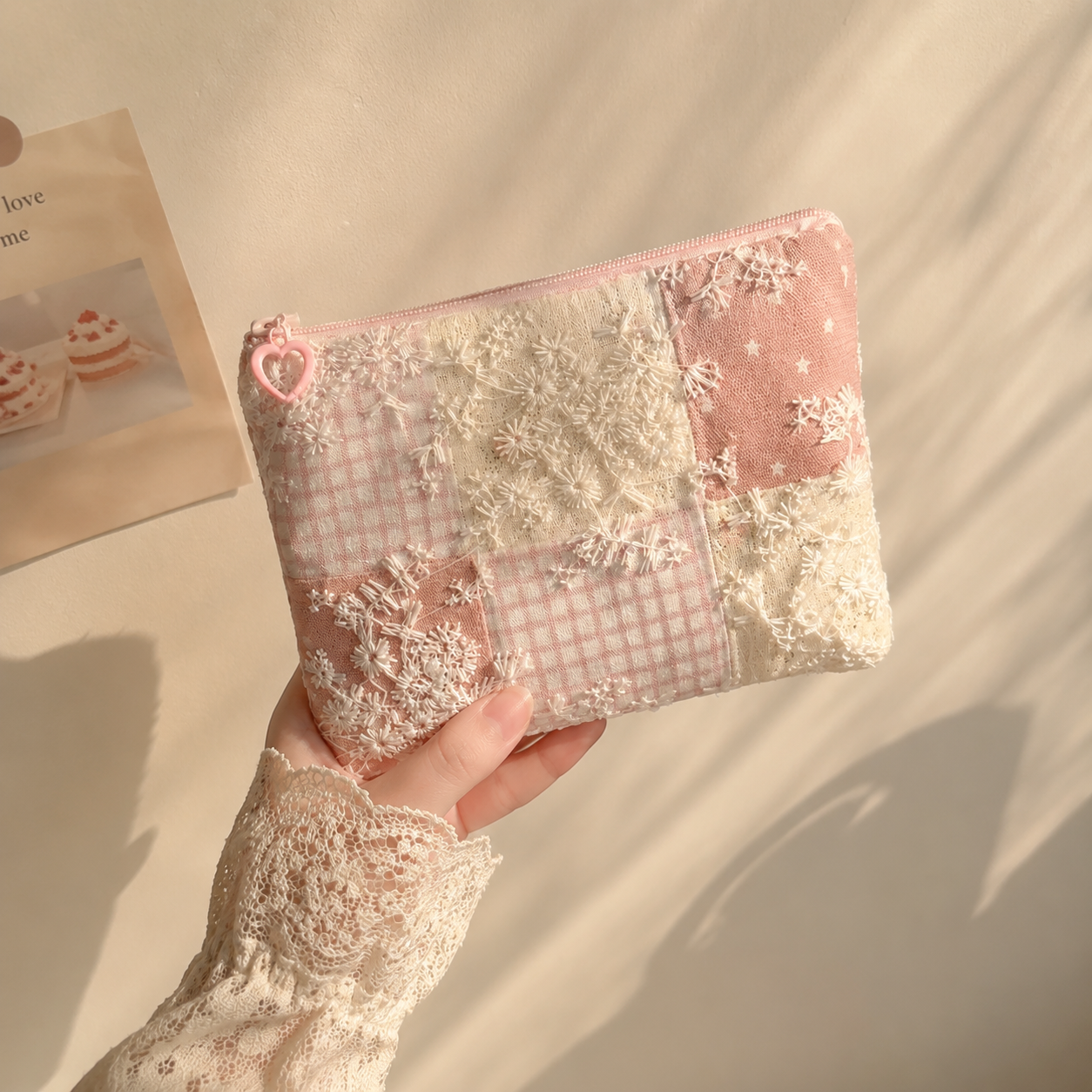 Handmade Pink Lace Patchwork Zipper Pouch｜Free shipping