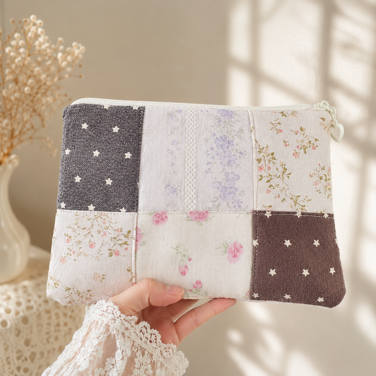 Handmade Neutral Floral Patchwork Zipper Pouch｜Free shipping