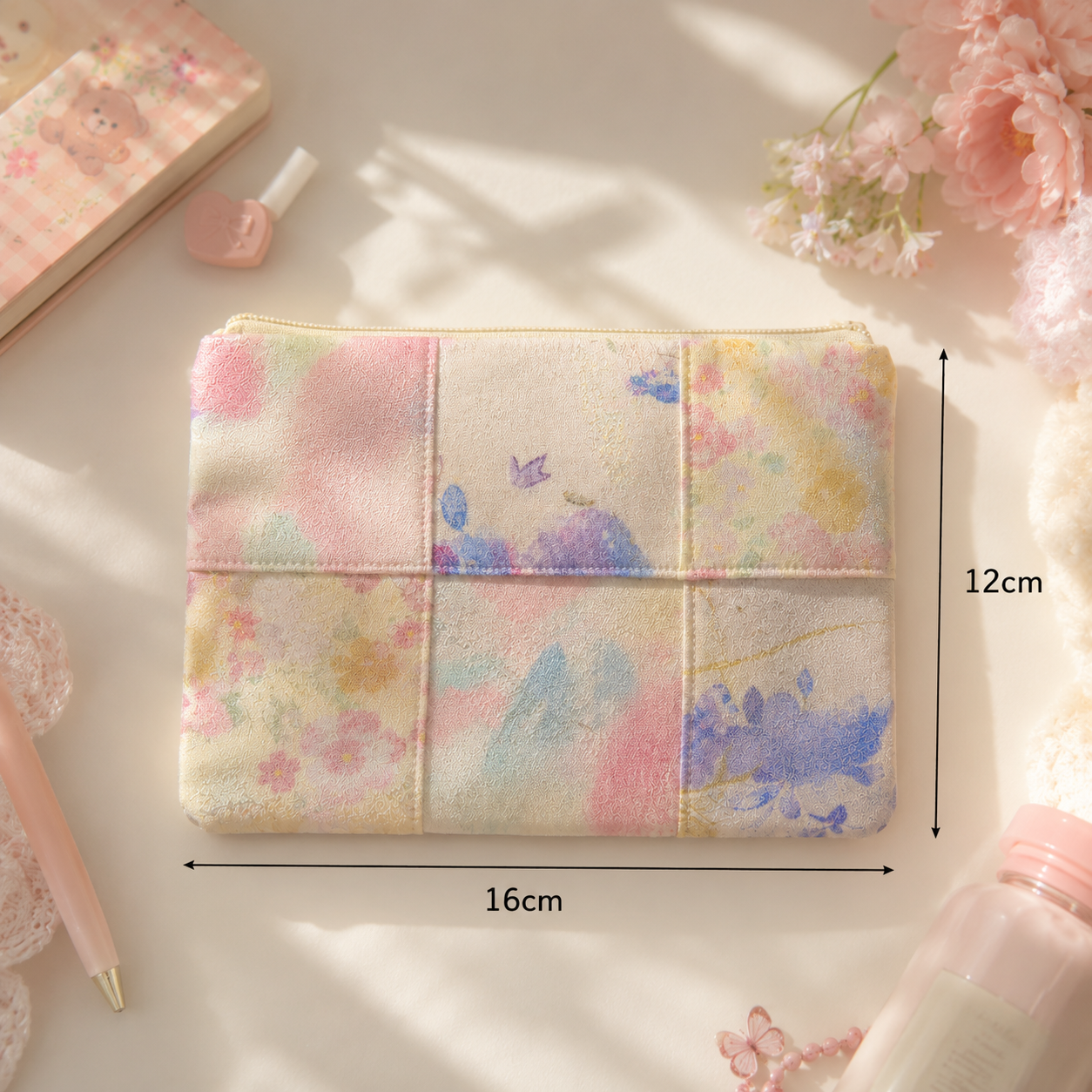 Handmade Pastel Watercolor Floral Patchwork Zipper Pouch｜Free shipping