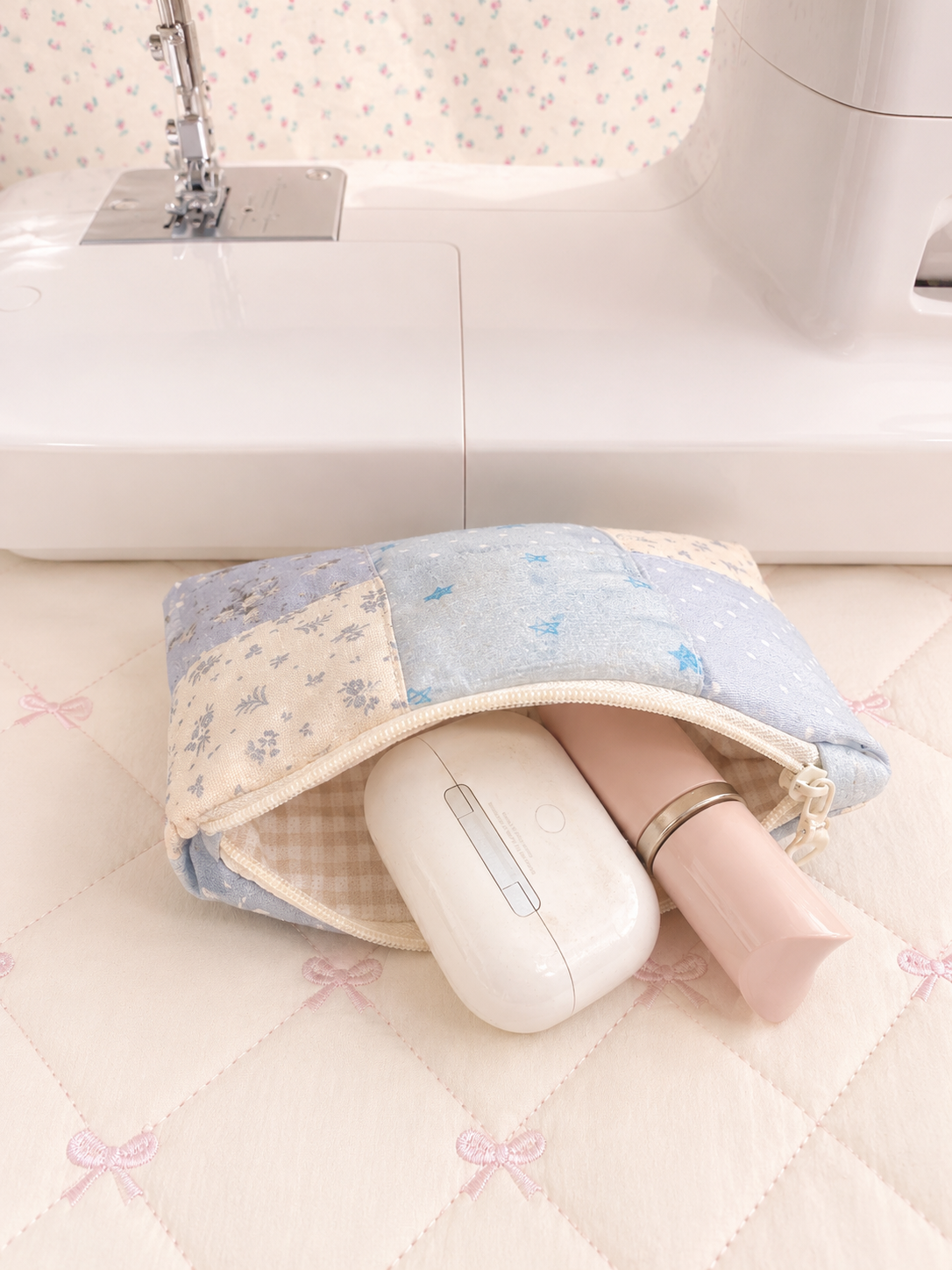 Handmade Blue Floral Patchwork Zipper Pouch | Everyday Essentials Bag