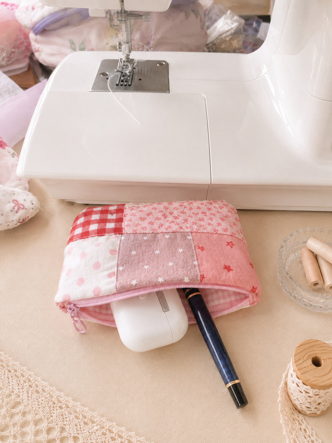 Handmade Pink Patchwork Zipper Pouch | Everyday Essentials Bag