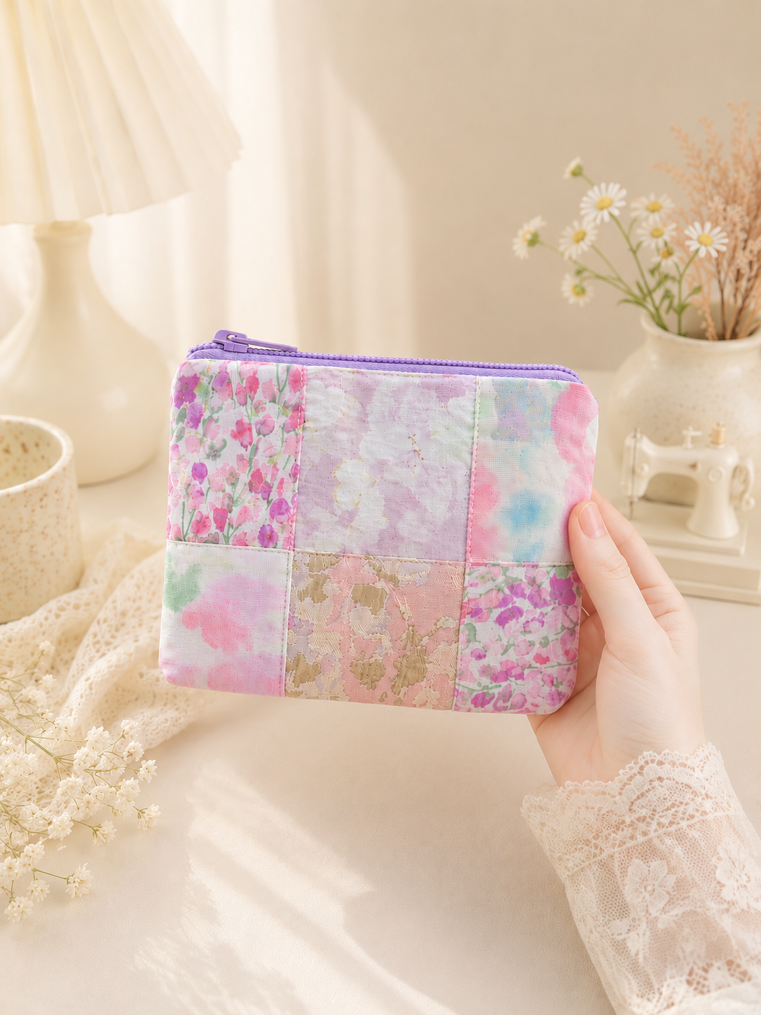 Handmade Pastel Patchwork Zipper Pouch ｜Free shipping