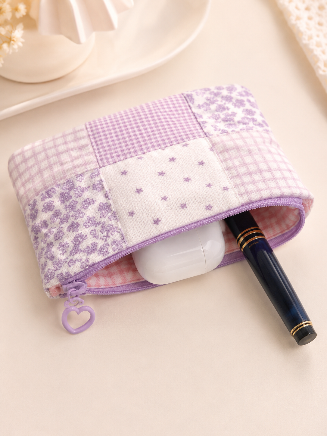 Handmade Lavender Patchwork Zipper Pouch | Everyday Essentials Bag