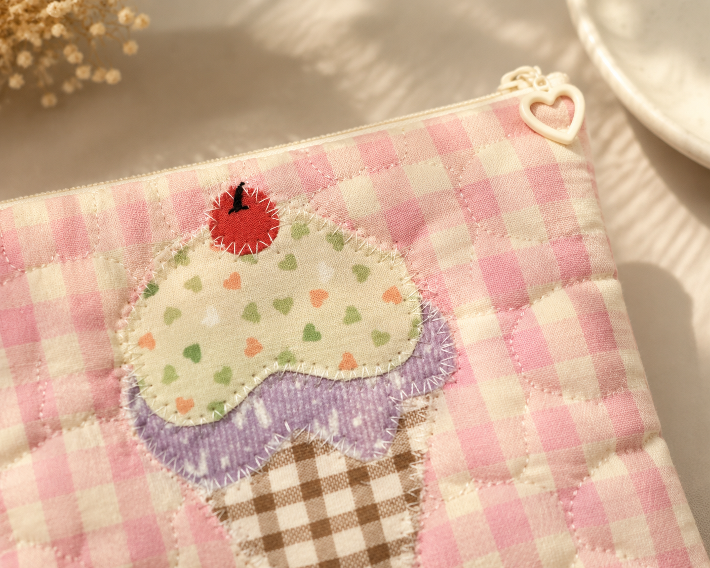 Handmade Sweet Ice Cream Gingham Quilted Zipper Pouch｜Free shipping