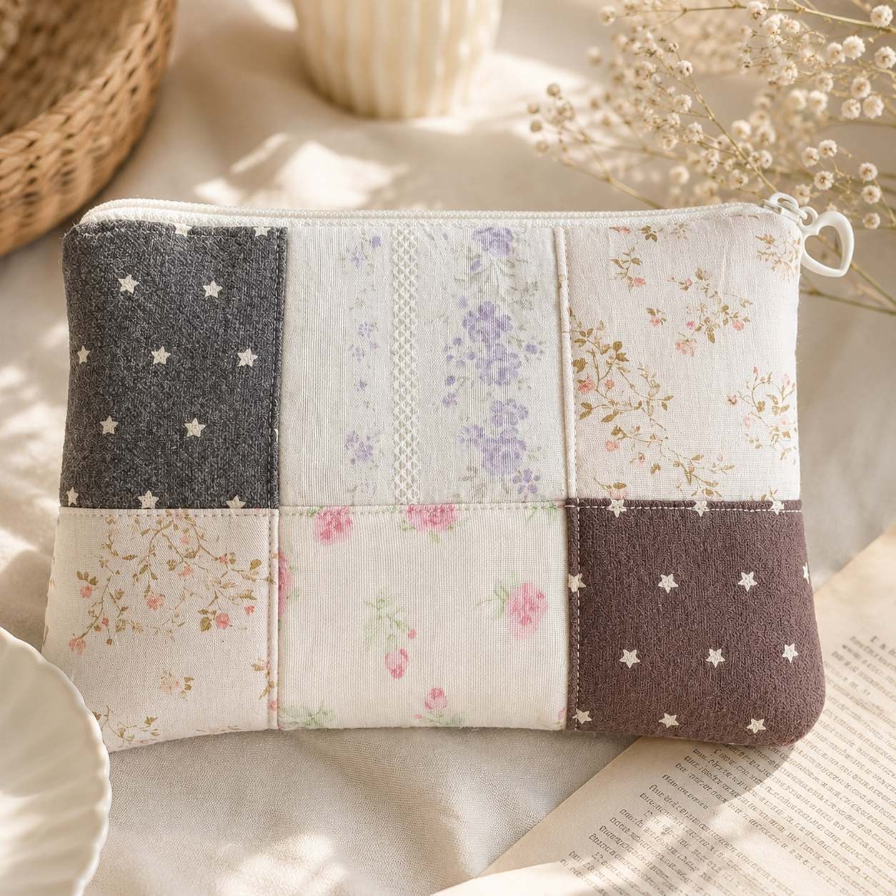 Handmade Neutral Floral Patchwork Zipper Pouch｜Free shipping