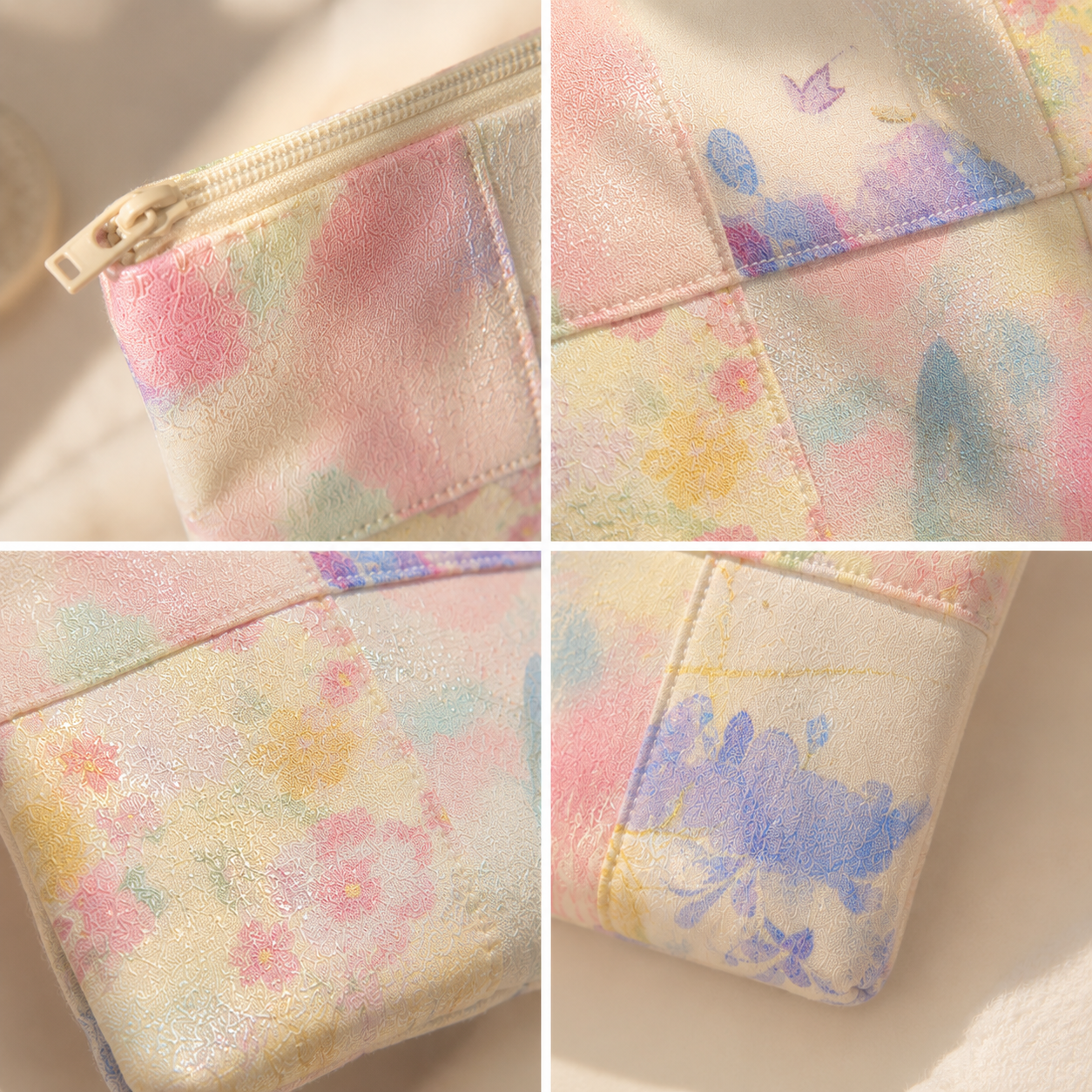 Handmade Pastel Watercolor Floral Patchwork Zipper Pouch｜Free shipping