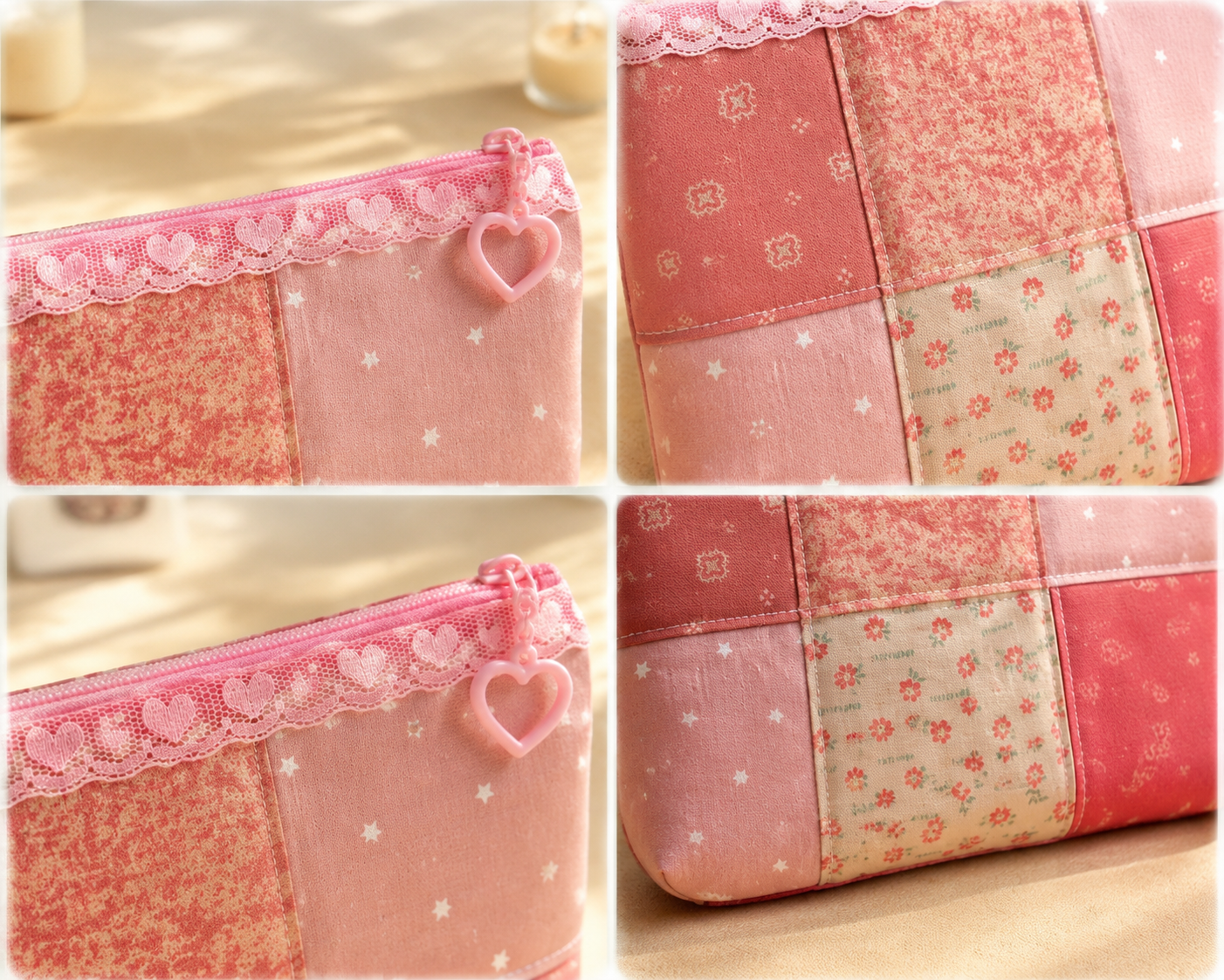 Handmade Rose Garden Handmade Patchwork Pouch with Lace Trim & Heart Zipper ｜Free shipping