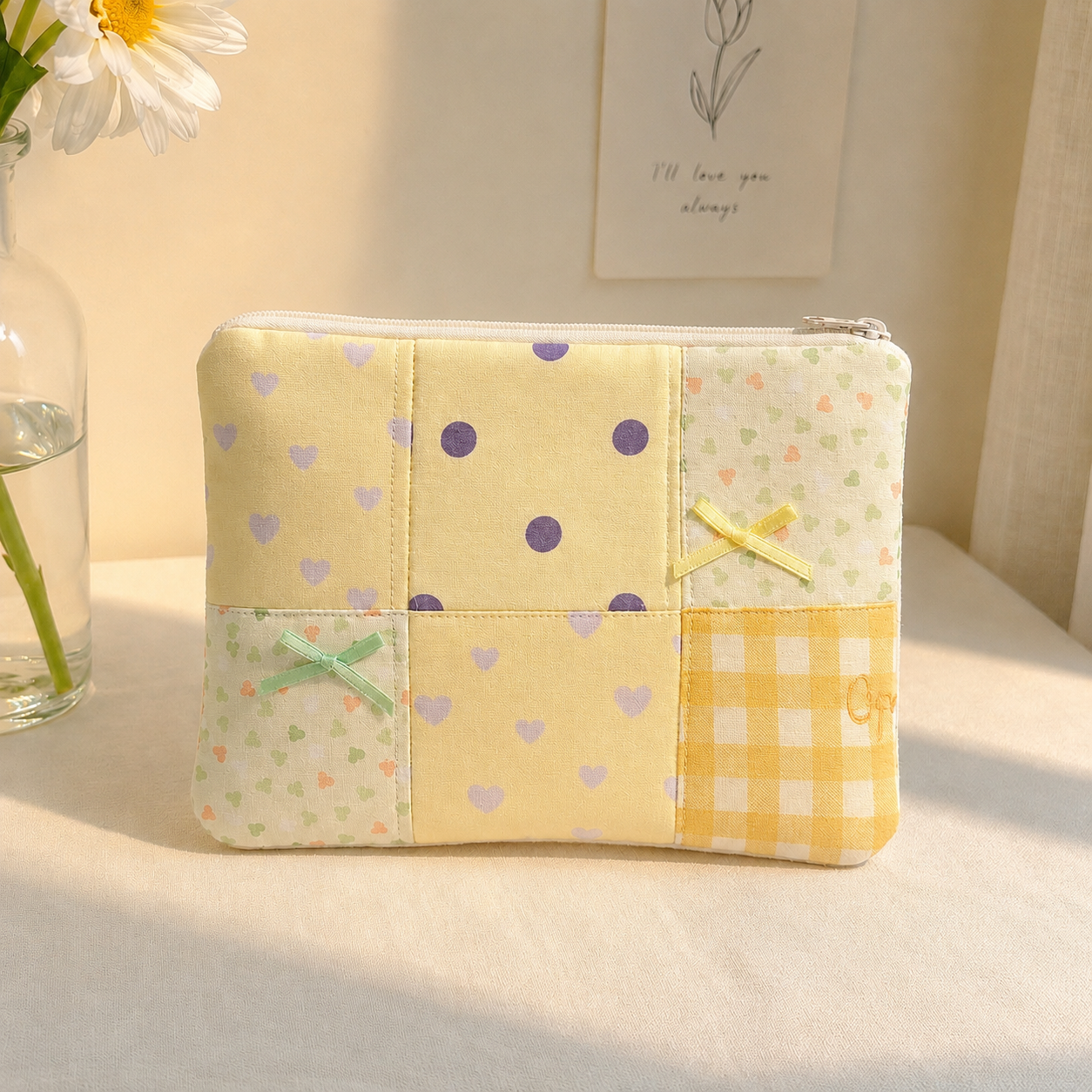 Handmade Yellow Gingham Patchwork Zipper Pouch｜Free shipping