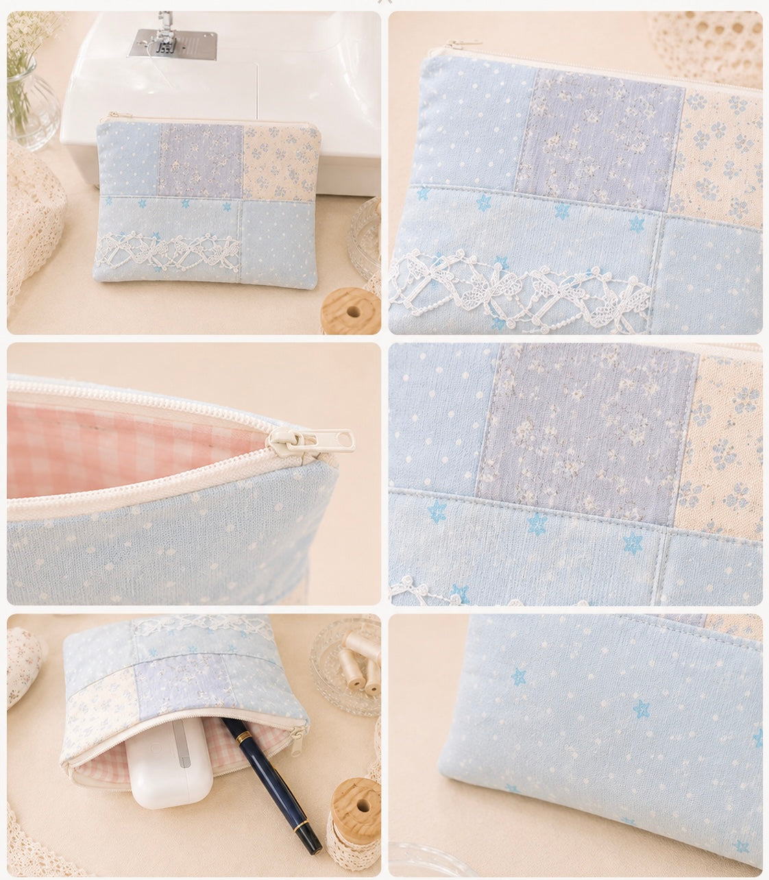 Handmade Blue Patchwork Zipper Pouch | Everyday Essentials Bag