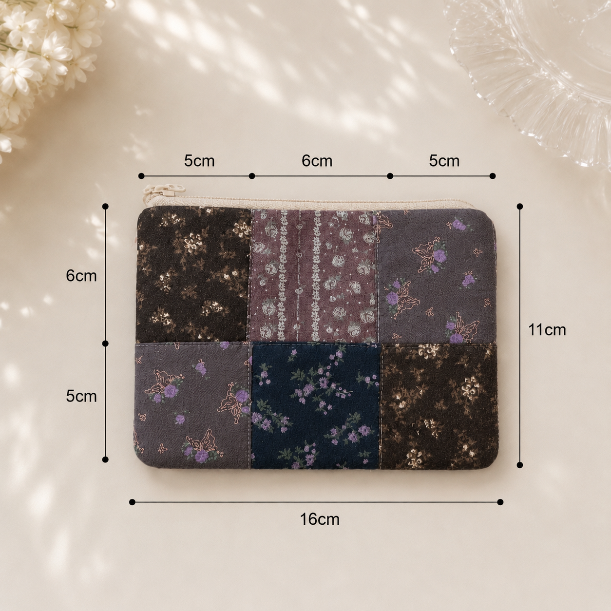 Handmade Midnight Floral Patchwork Zipper Pouch | Everyday Essentials Bag