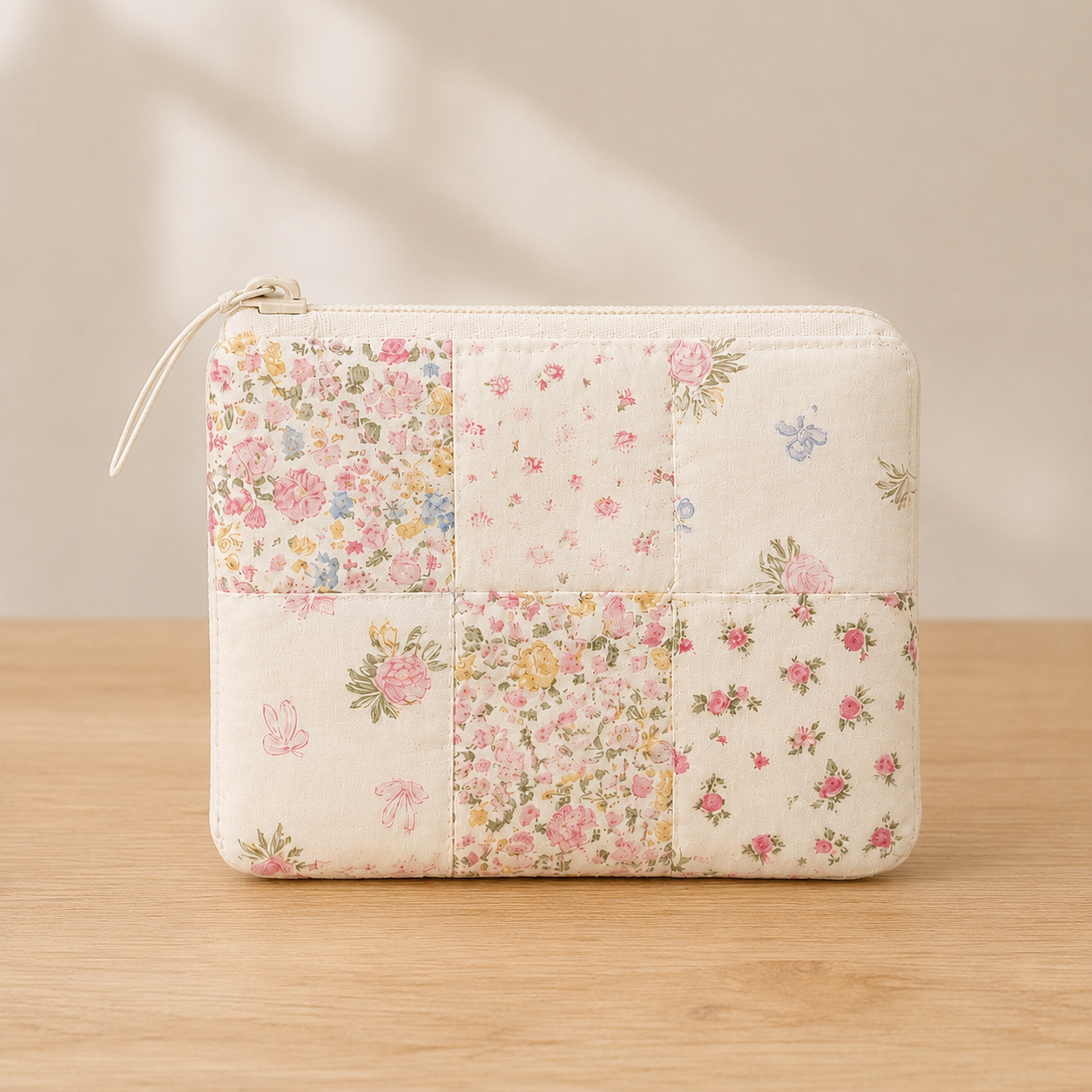 Handmade Cream Floral Patchwork Zipper Pouch | Everyday Essentials Bag
