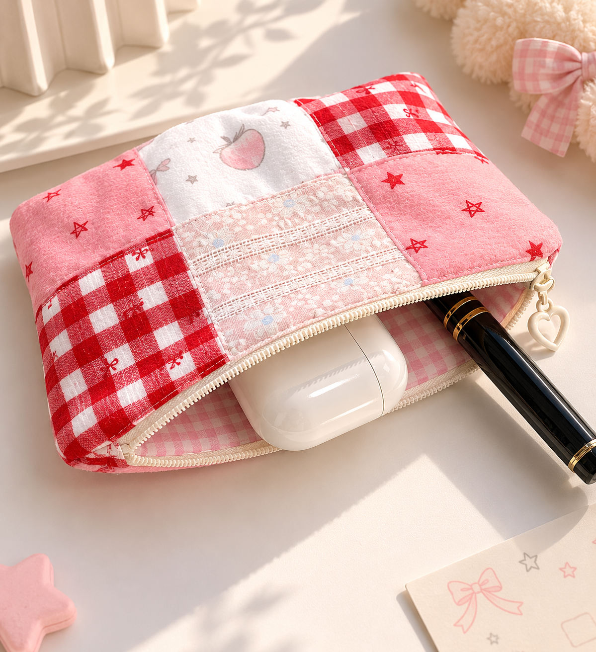 Handmade Strawberry Patchwork Zipper Pouch | Everyday Essentials Bag