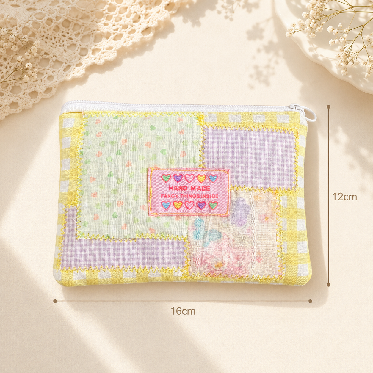 Handmade Yellow Gingham Patchwork Zipper Pouch｜Free shipping