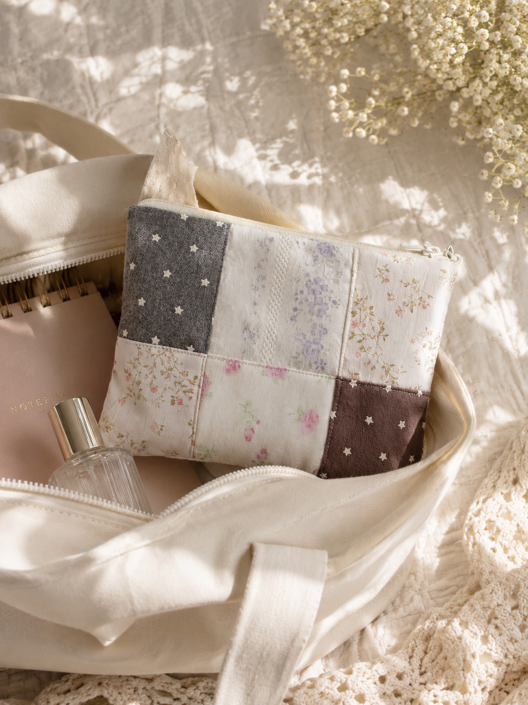 Handmade Neutral Floral Patchwork Zipper Pouch｜Free shipping