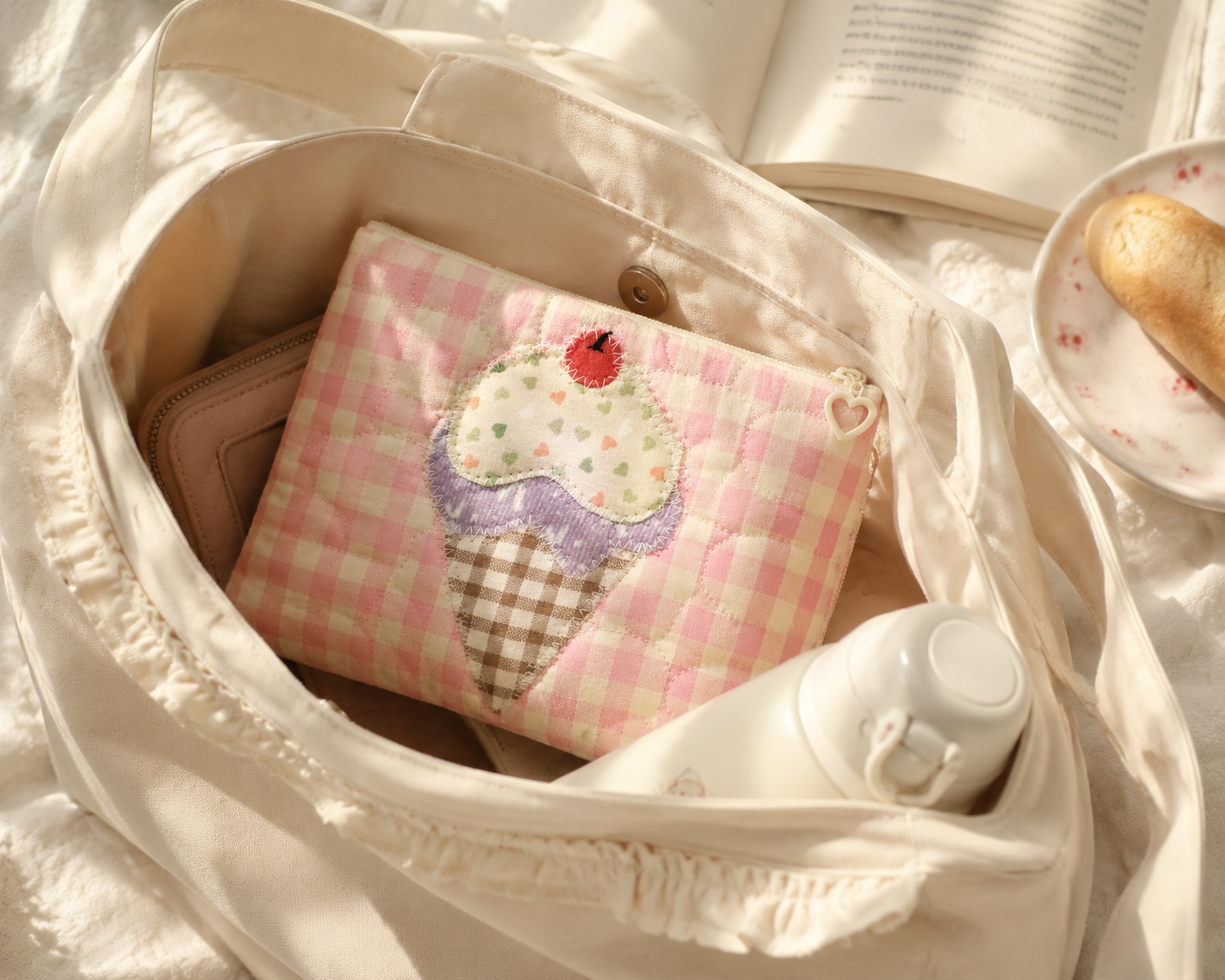 Handmade Sweet Ice Cream Gingham Quilted Zipper Pouch｜Free shipping
