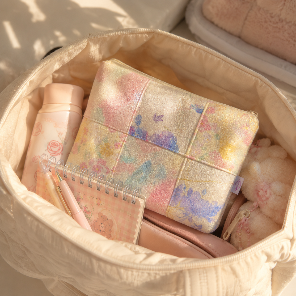 Handmade Pastel Watercolor Floral Patchwork Zipper Pouch｜Free shipping