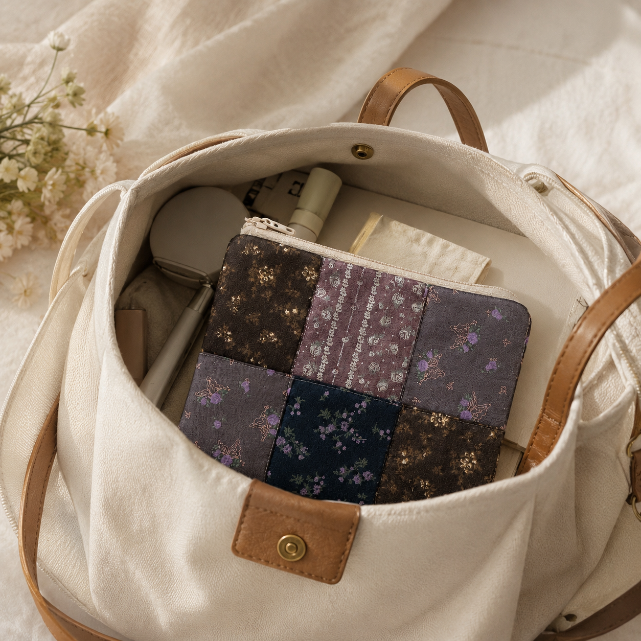 Handmade Midnight Floral Patchwork Zipper Pouch | Everyday Essentials Bag