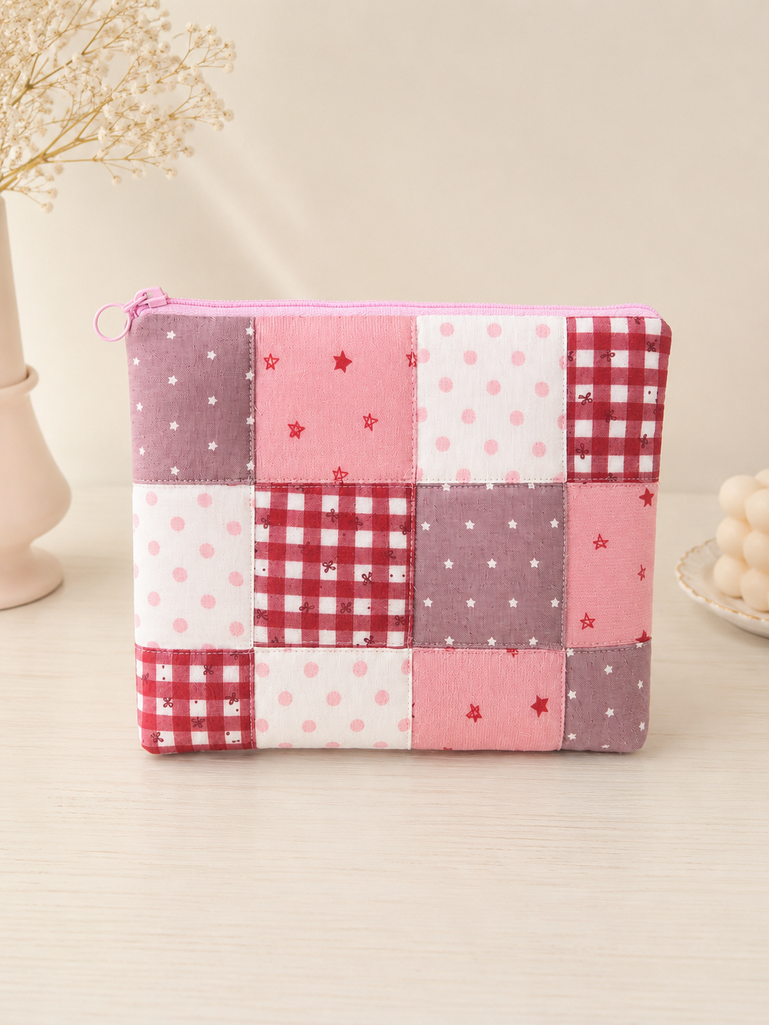 Handmade Pink Patchwork Zipper Pouch | Free shipping