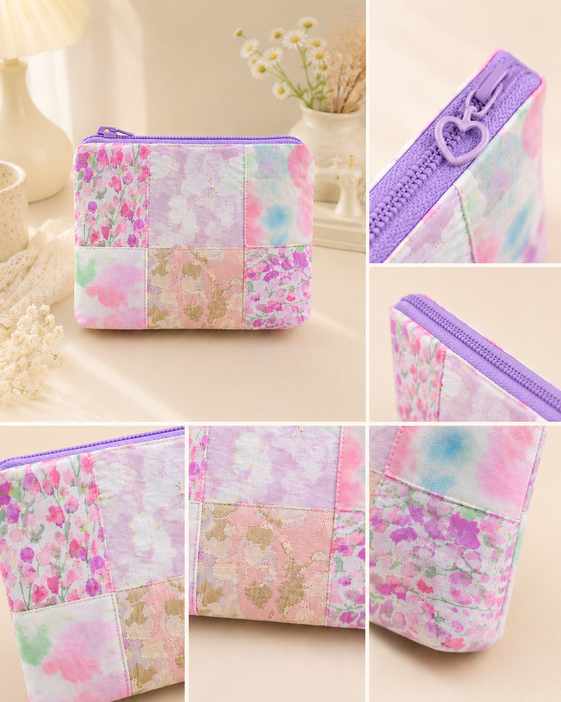 Handmade Pastel Patchwork Zipper Pouch ｜Free shipping