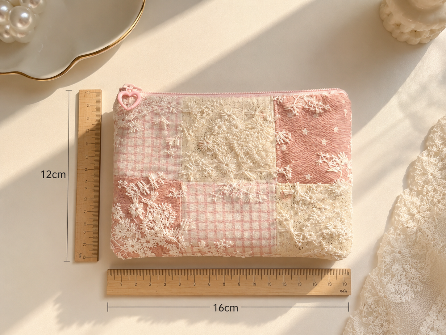 Handmade Pink Lace Patchwork Zipper Pouch｜Free shipping