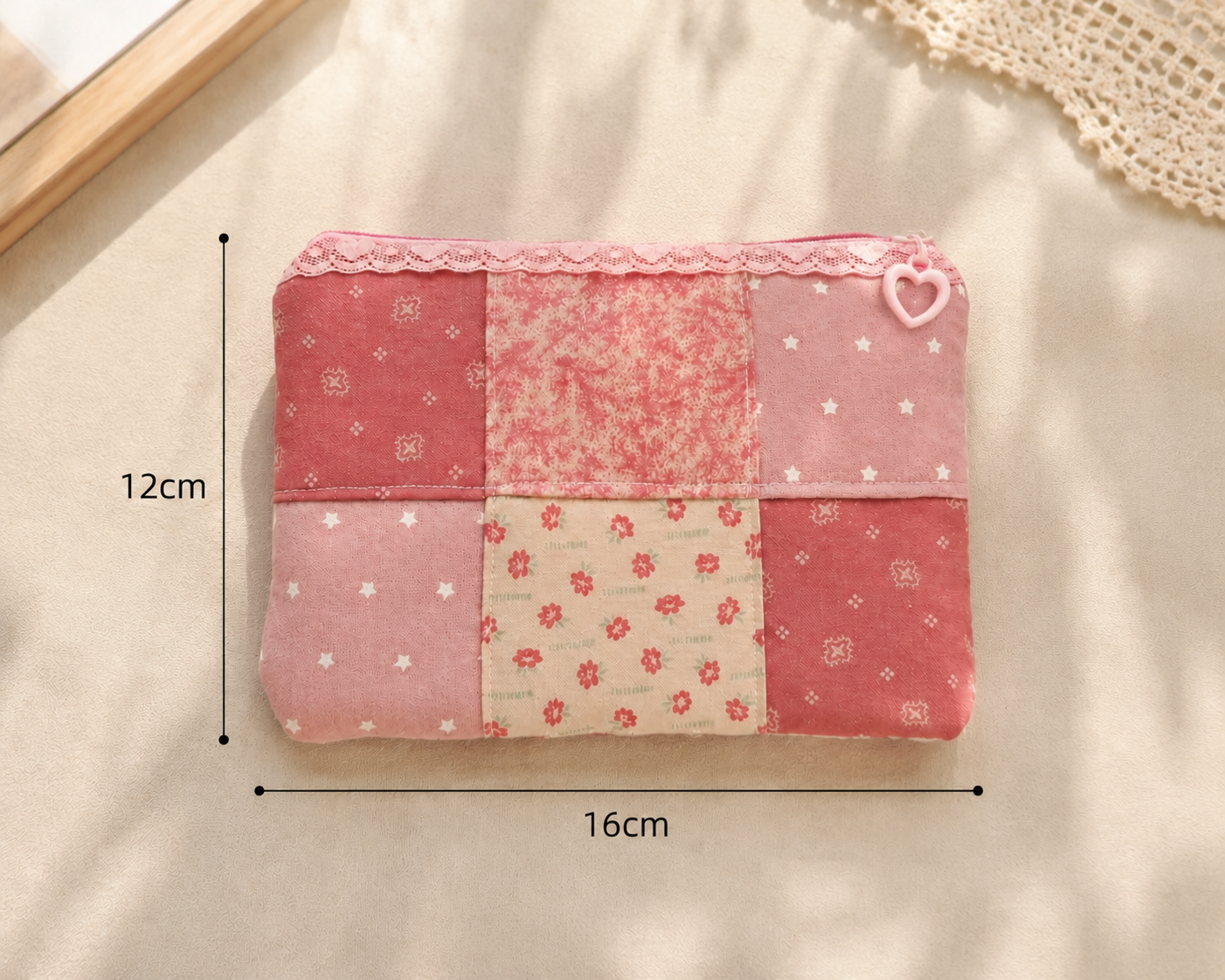 Handmade Rose Garden Handmade Patchwork Pouch with Lace Trim & Heart Zipper ｜Free shipping