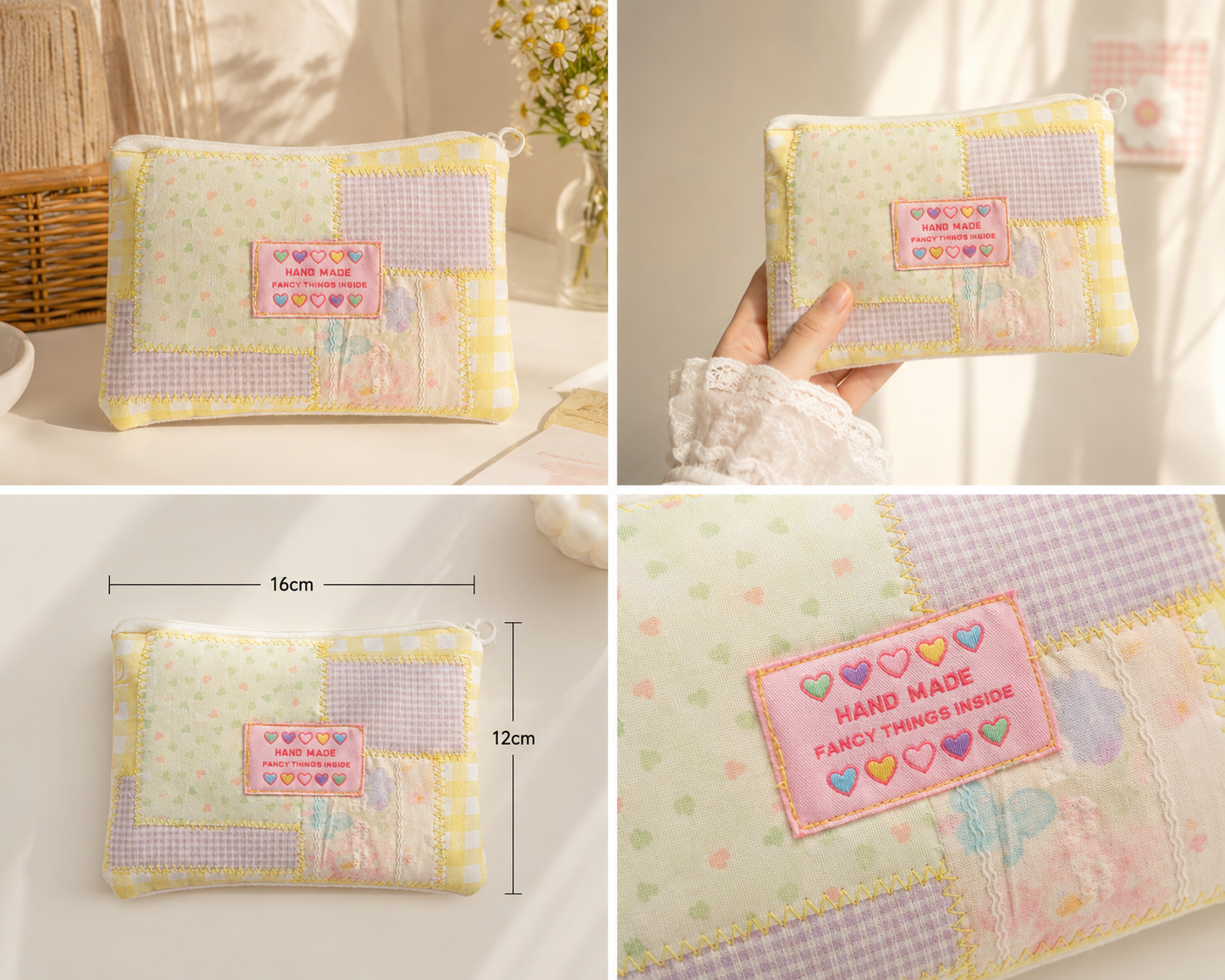 Handmade Yellow Gingham Patchwork Zipper Pouch｜Free shipping