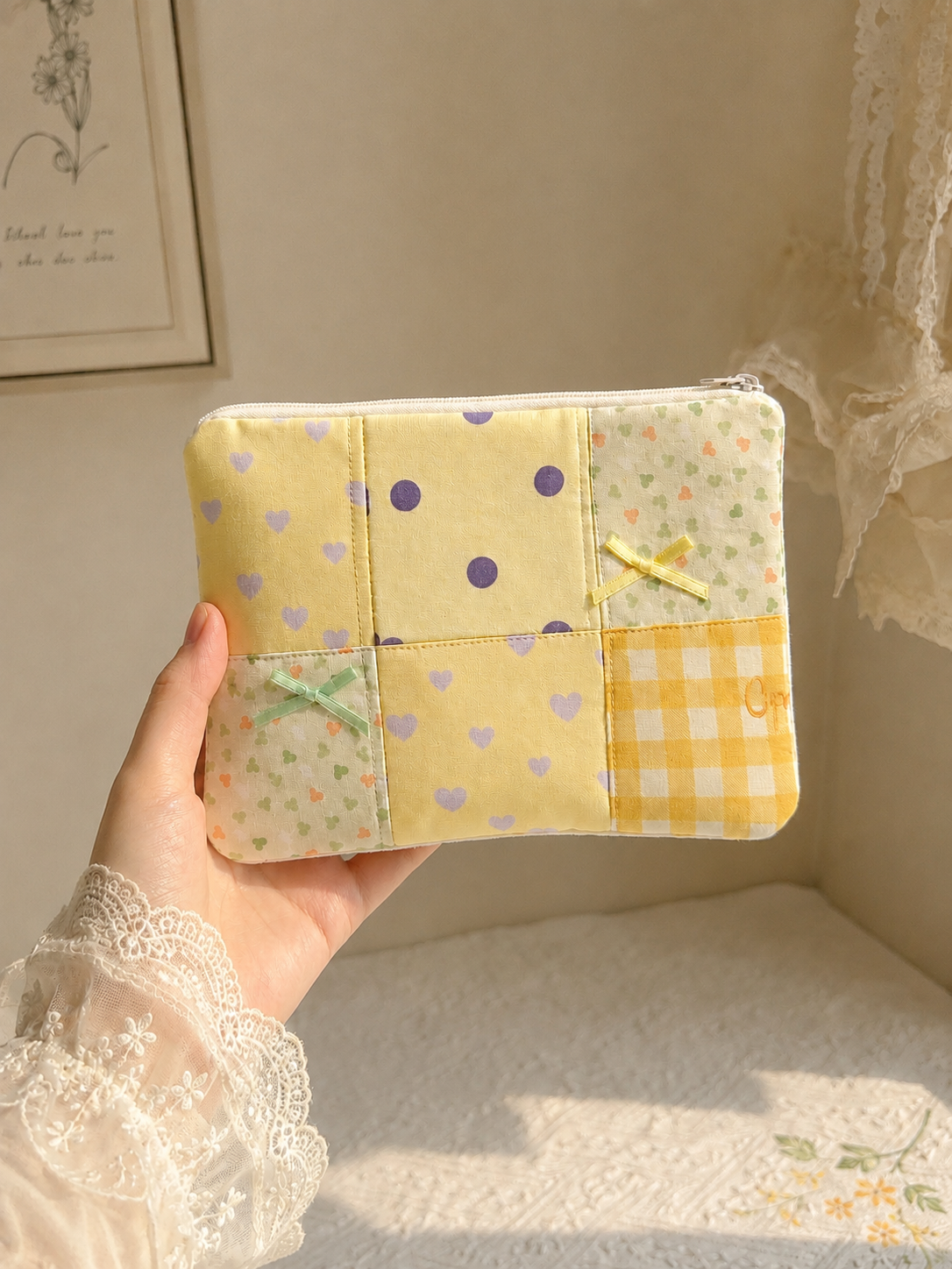 Handmade Yellow Gingham Patchwork Zipper Pouch｜Free shipping
