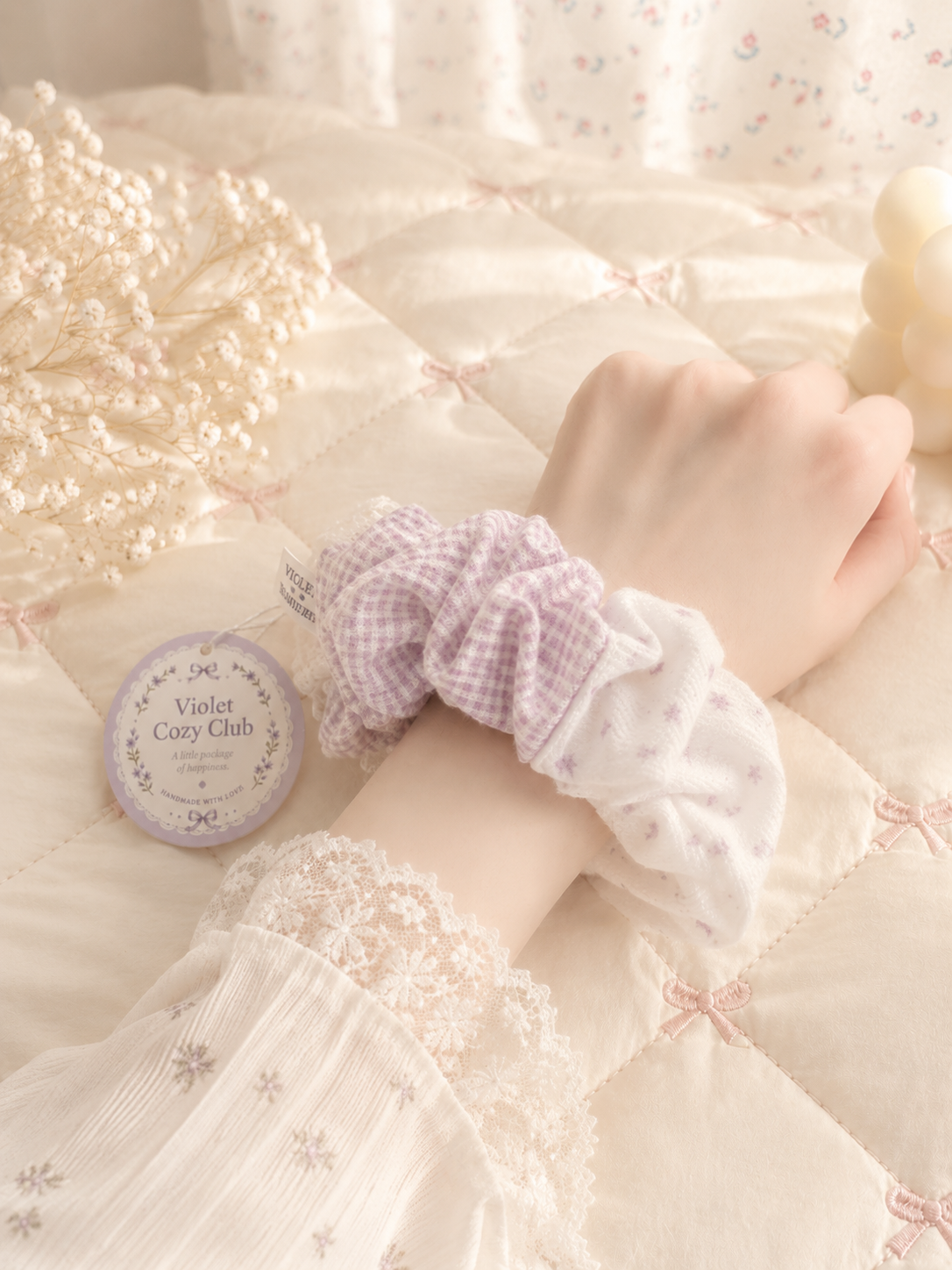 Handmade Lavender Gingham Patchwork Scrunchie｜Free shipping