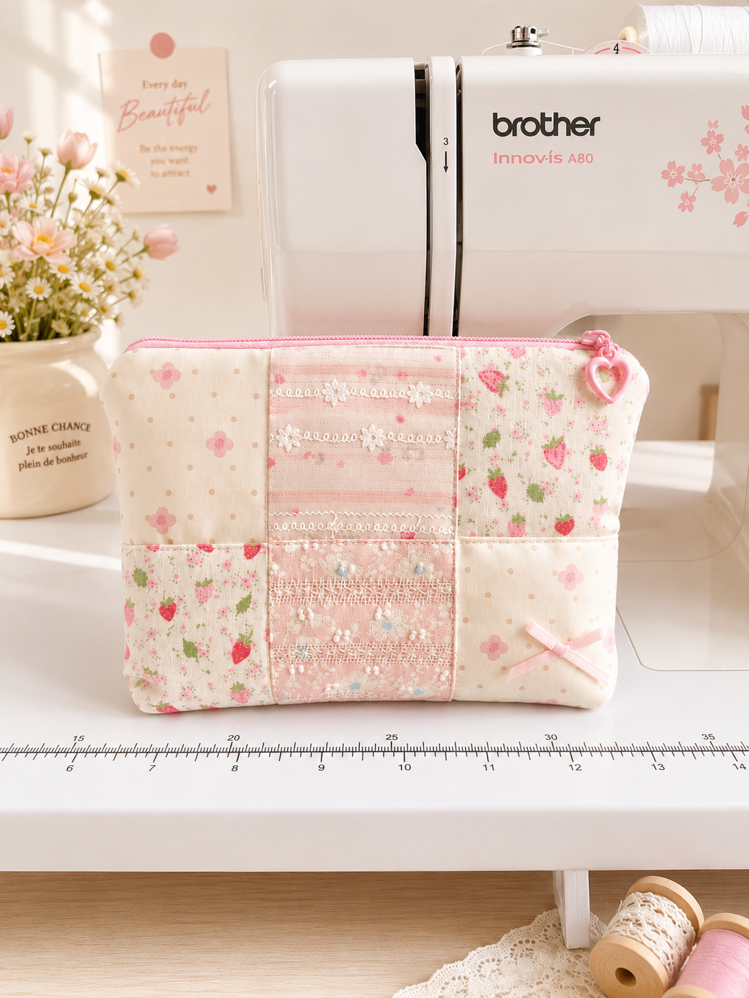 Handmade Strawberry Lace Patchwork Zipper Pouch ｜Free shipping