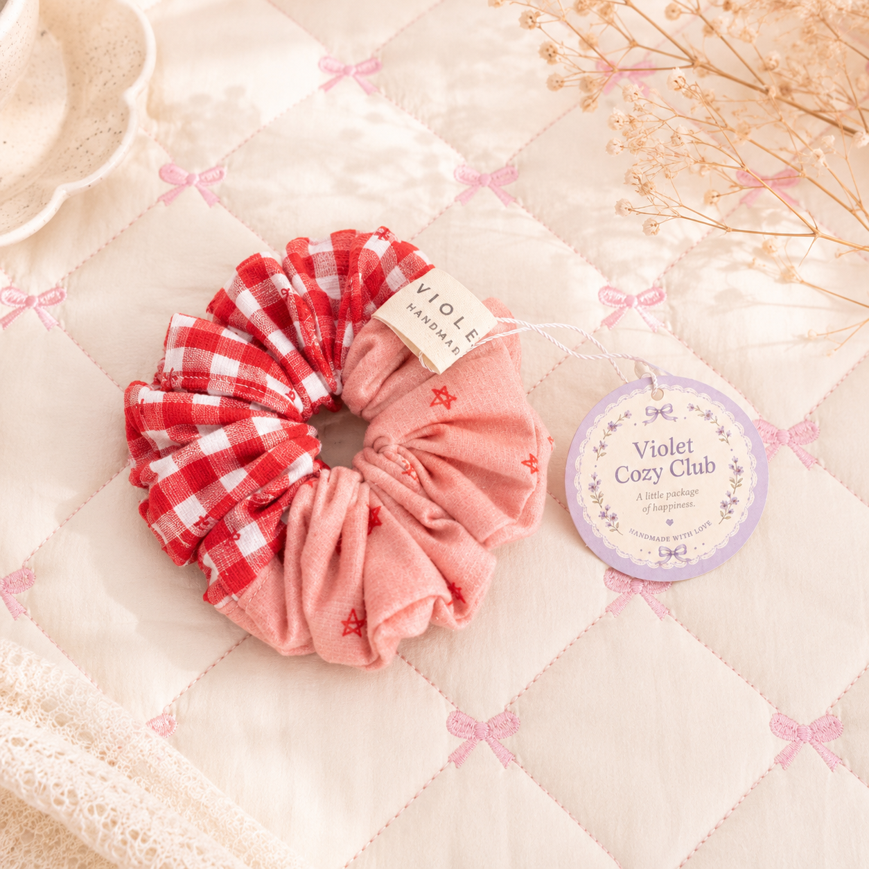 Handmade Pink Red Gingham Patchwork Scrunchie｜Free shipping