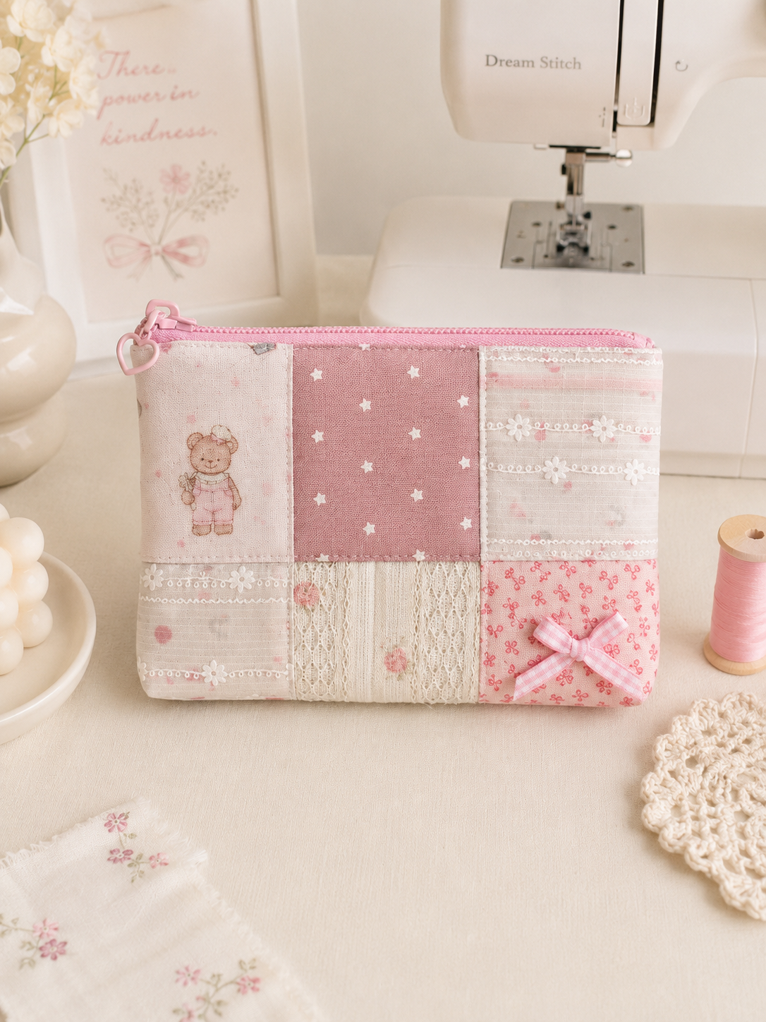 Handmade Pink Teddy Patchwork Zipper Pouch ｜Free shipping