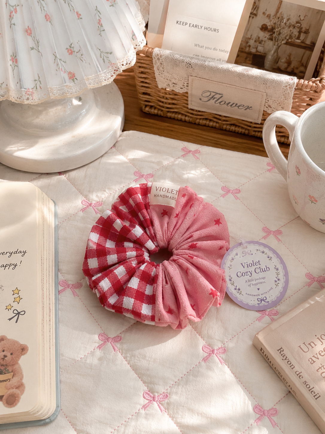Handmade Pink Red Gingham Patchwork Scrunchie｜Free shipping