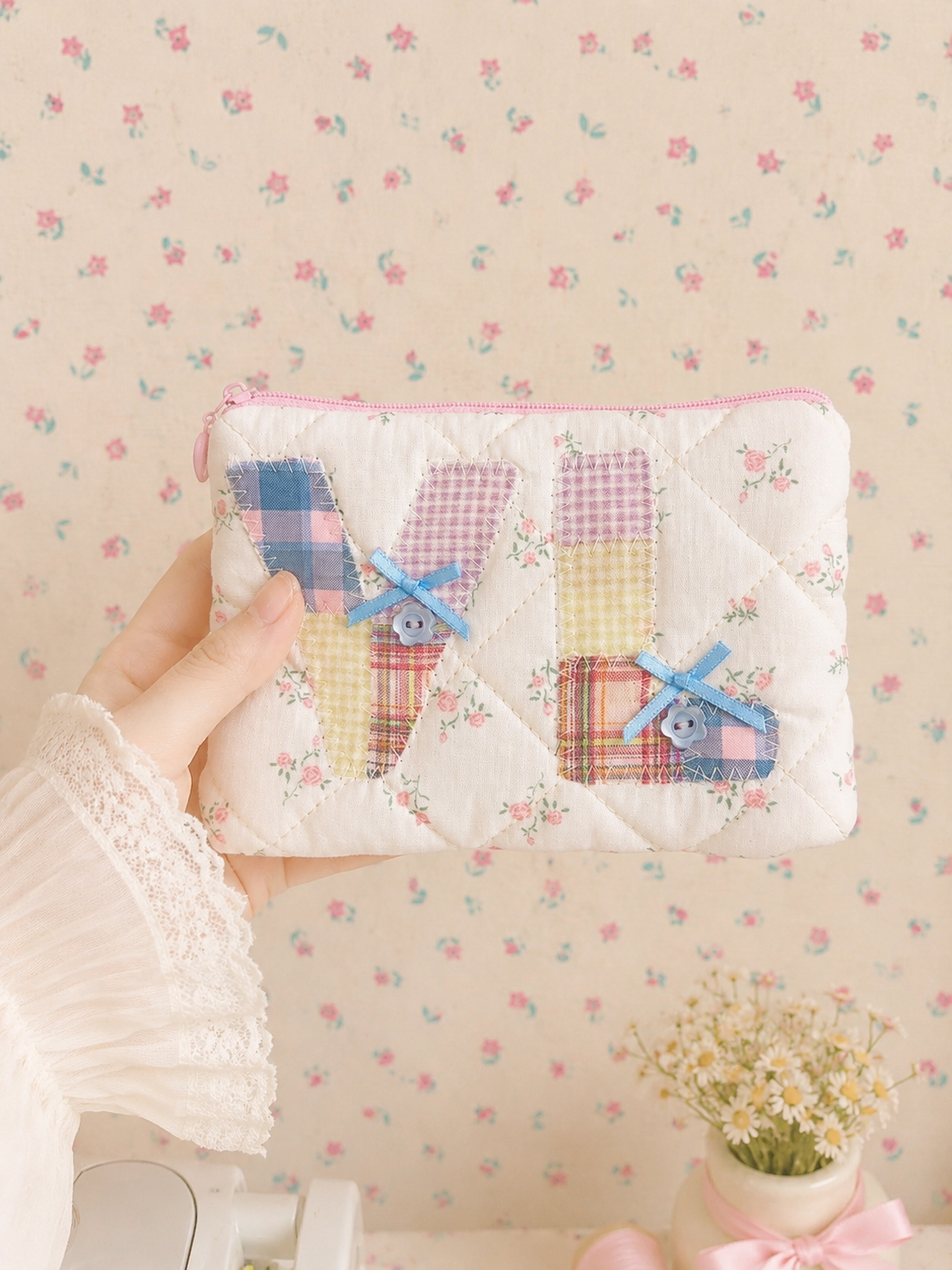 Handmade Personalized Initial Patchwork Zipper Pouch｜Free shipping