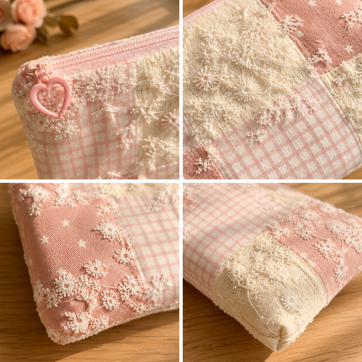 Handmade Pink Lace Patchwork Zipper Pouch｜Free shipping