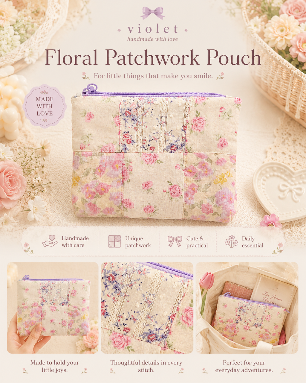 z-Floral Vintage Handmade Patchwork Pouch｜Free shipping