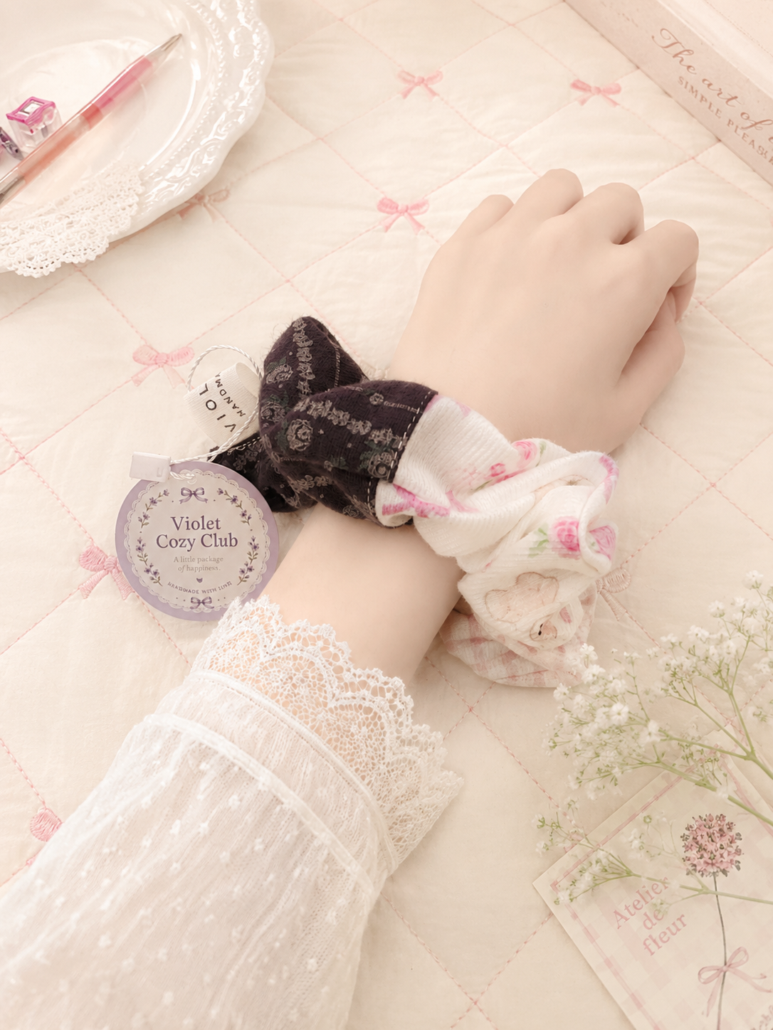 Handmade Pink Bunny Floral Patchwork Scrunchie｜Free shipping