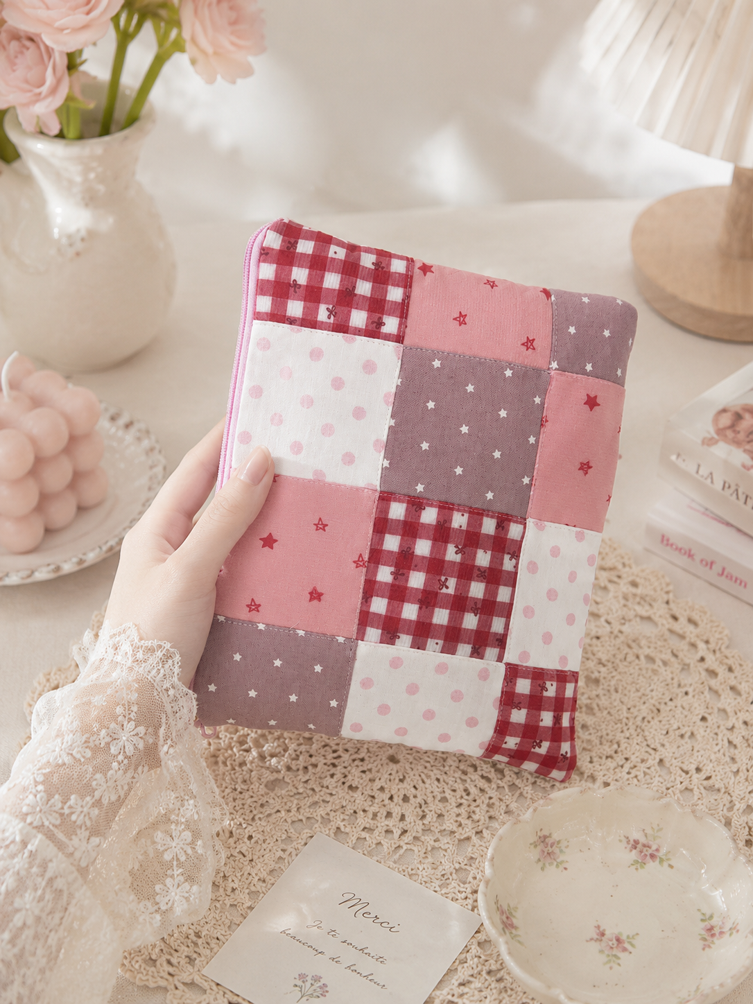 Handmade Pink Patchwork Zipper Pouch | Free shipping