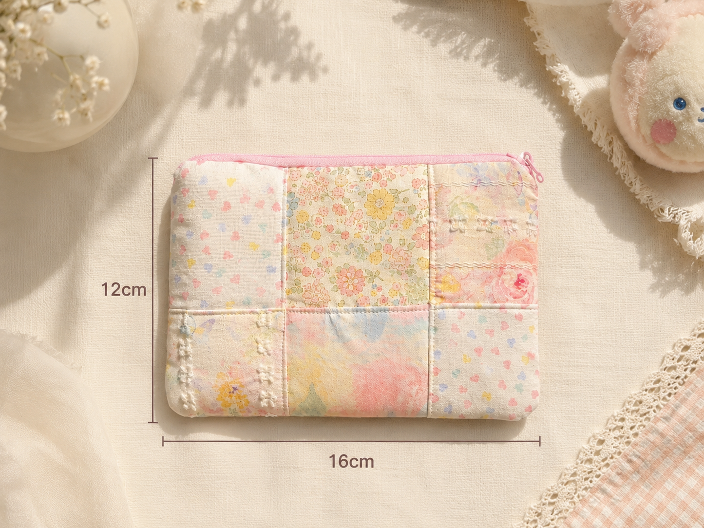 Handmade Pastel Floral Patchwork Zipper Pouch ｜Free shipping