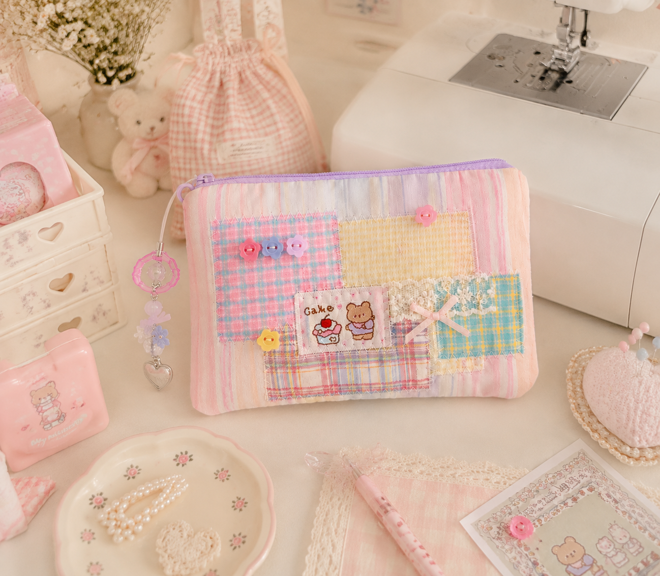 Handmade Pastel Cake Bear Patchwork Zipper Pouch ｜Free shipping