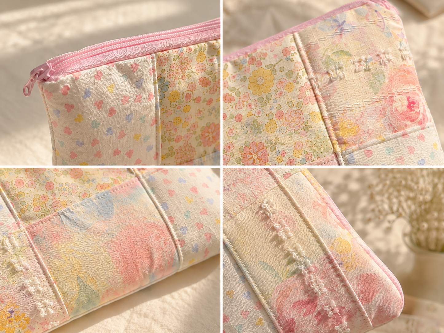 Handmade Pastel Floral Patchwork Zipper Pouch ｜Free shipping
